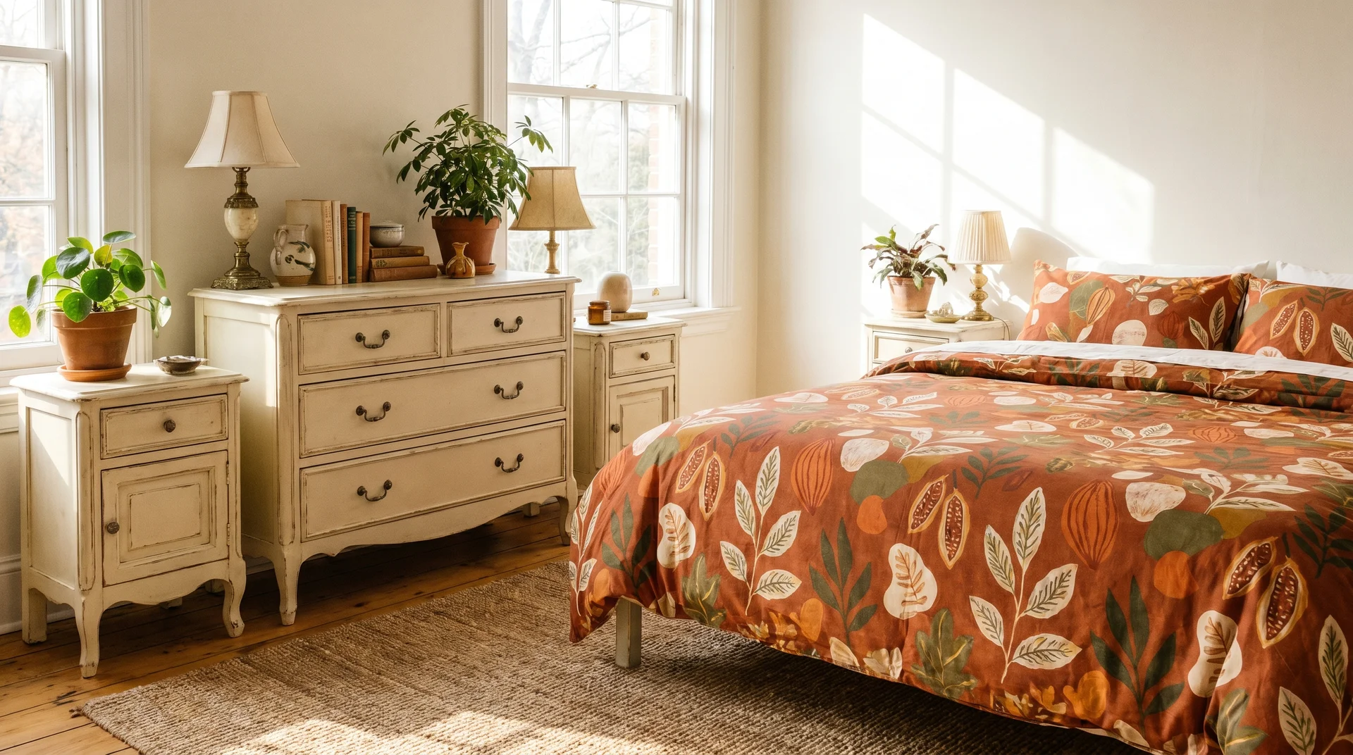 Cream painted bedroom furniture with a burnt orange botanical print duvet in earthy tones of rust and green