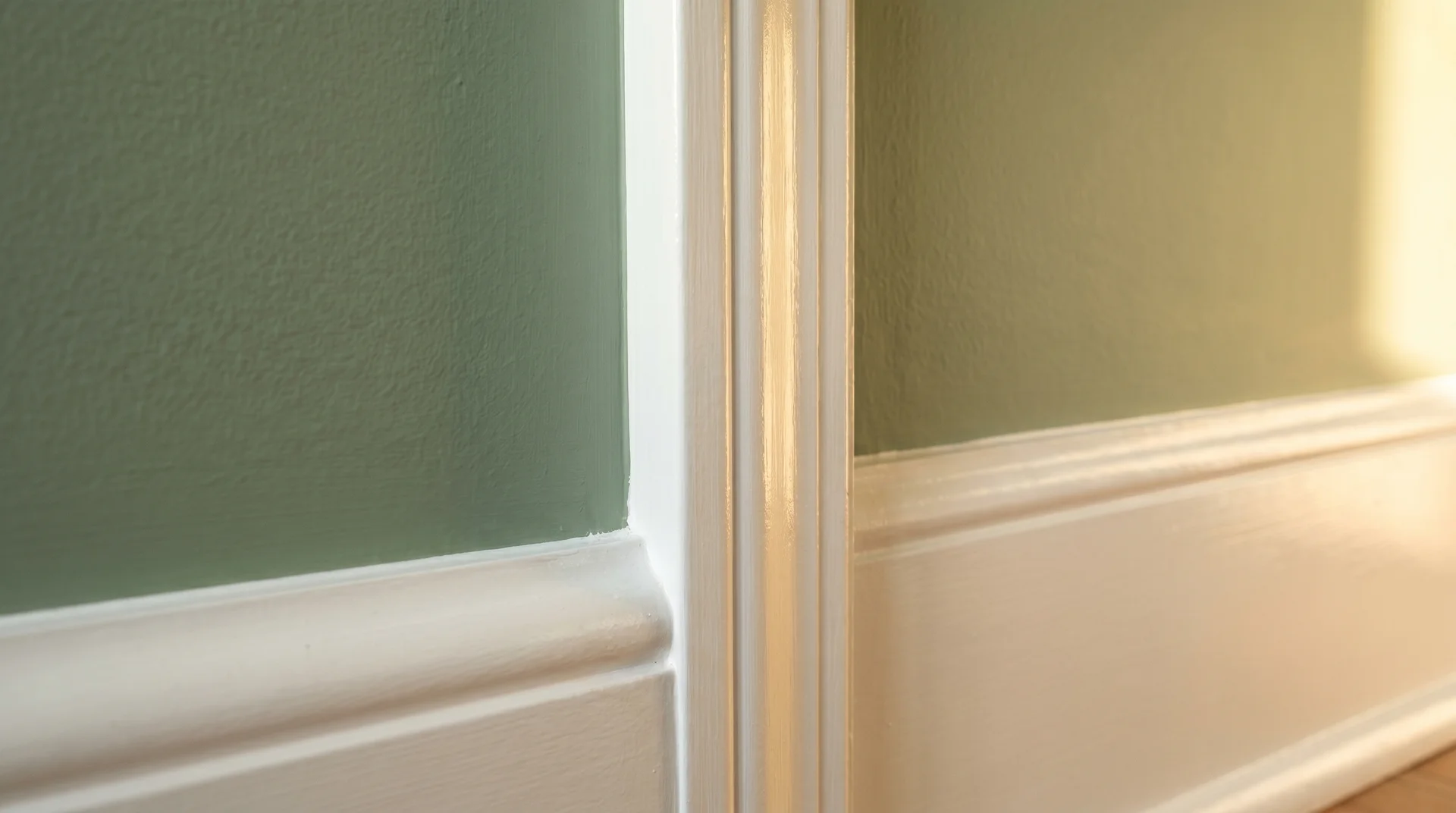 Crisp white interior door trim in semi-gloss finish against a sage wall showing 100% acrylic paint on millwork