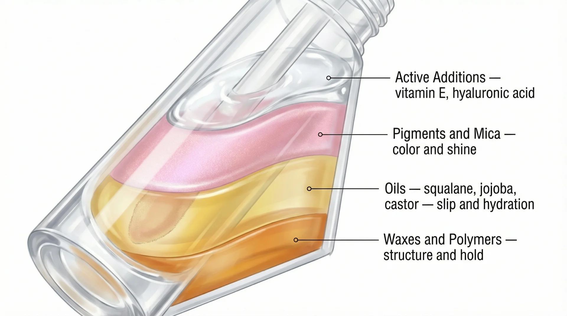 Cross-section diagram of a lip gloss tube showing ingredient layers including waxes, oils, pigments, and active additions