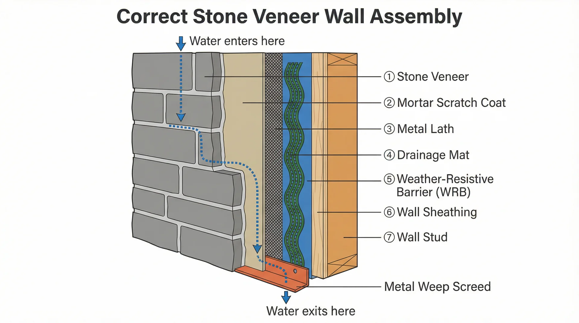 Cross-section diagram of correct stone veneer wall assembly showing WRB, drainage mat, metal lath, weep screed, and water drainage path