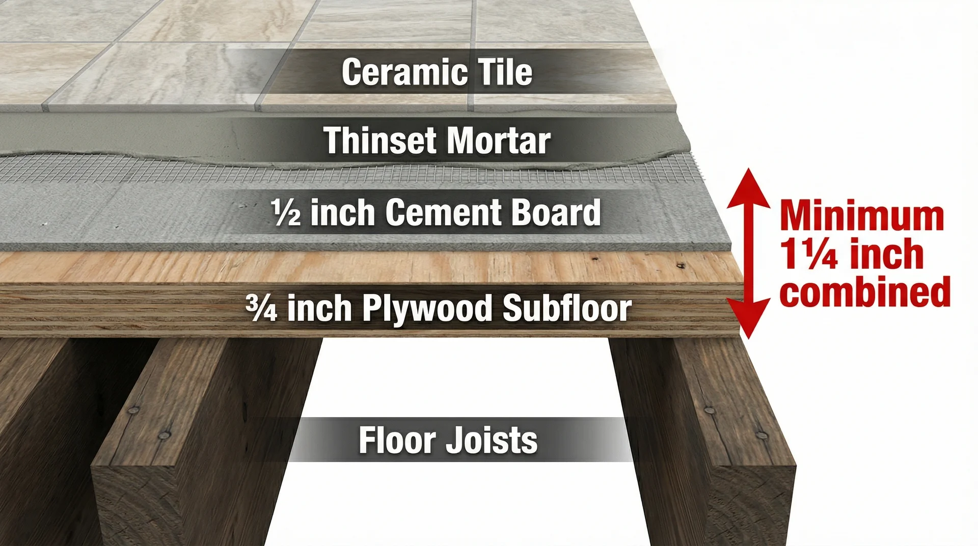 Cross-section diagram of floor layers showing subfloor, cement board, and tile with 1¼ inch minimum thickness marked