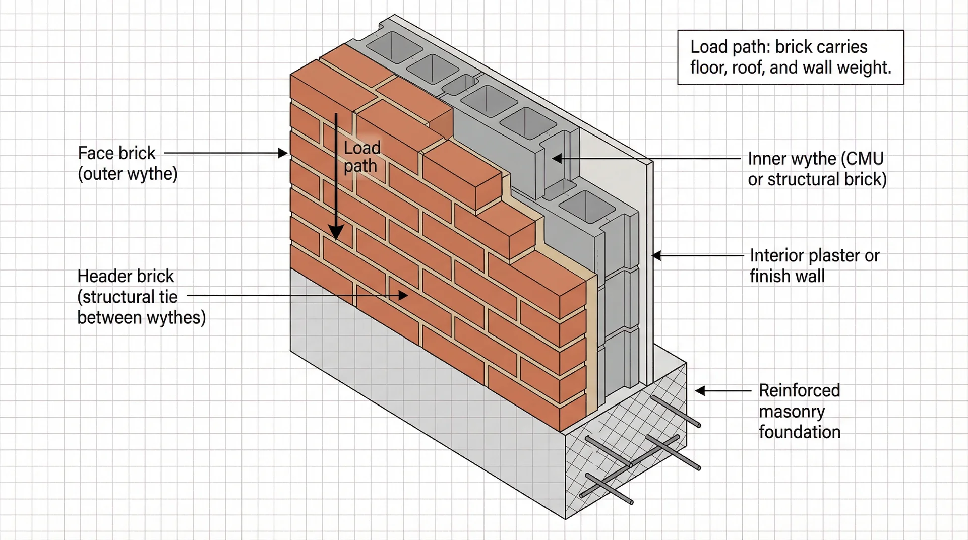 Cross-section diagram of solid double-wythe brick masonry wall showing header bricks, CMU inner wythe, and load path
