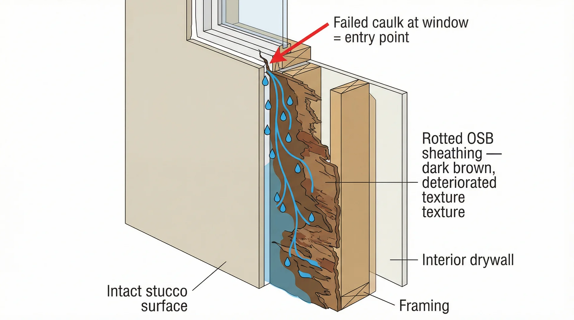 Cross-section diagram showing water infiltrating stucco through a failed window caulk joint, causing hidden OSB rot
