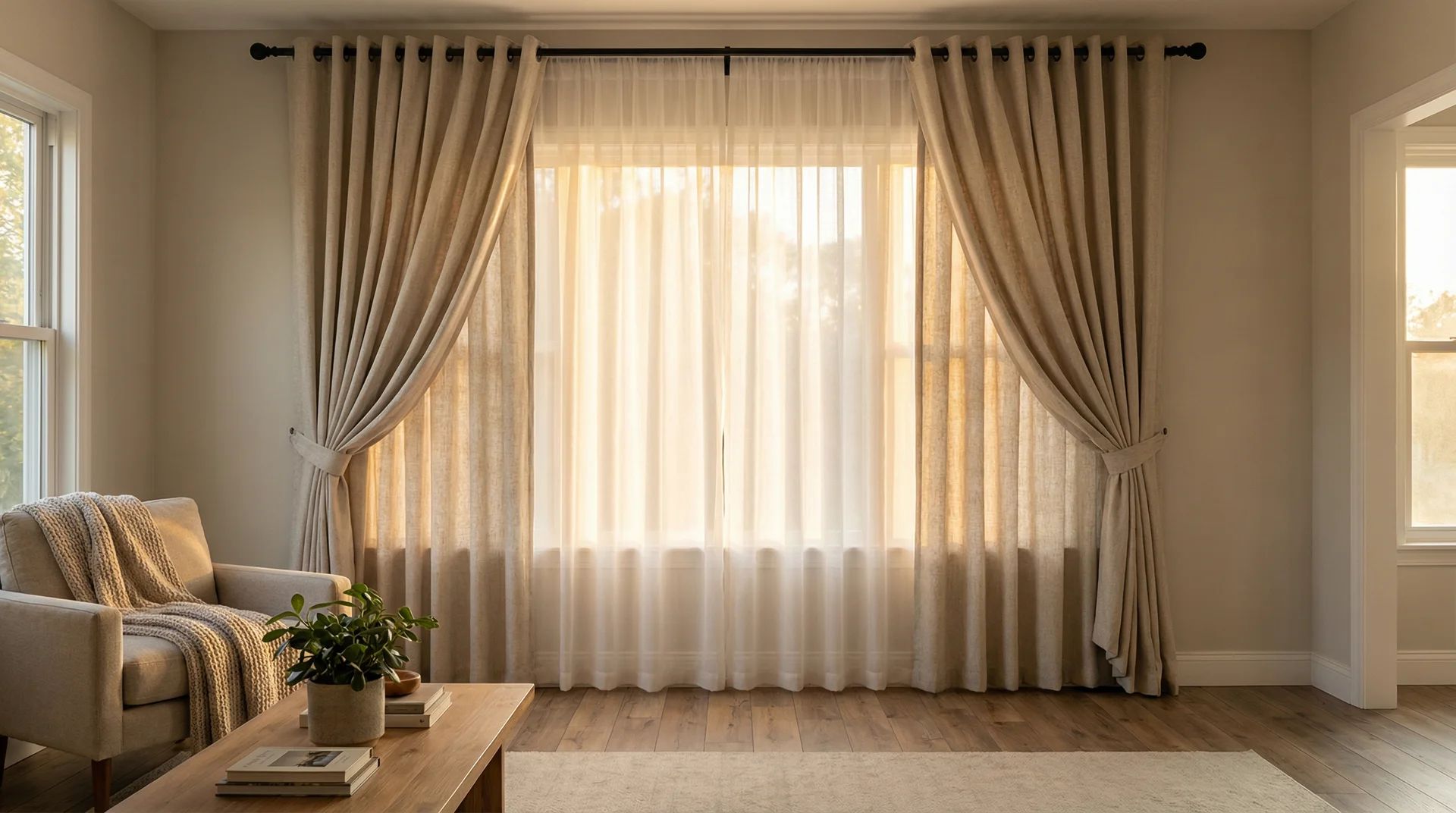 Curtain fullness comparison showing flat 1x panel versus luxurious 2.5x fullness linen grommet curtains
