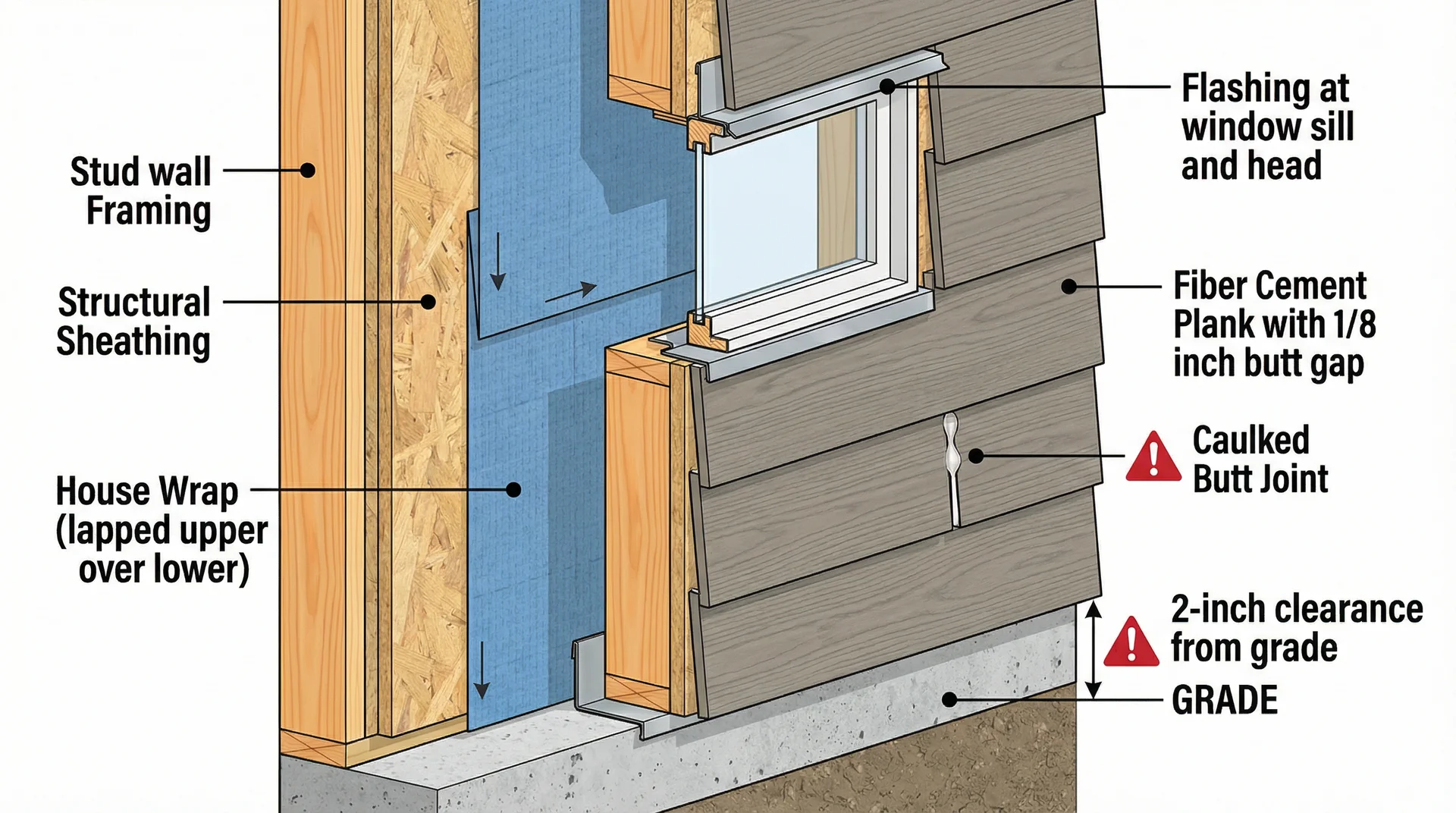 Cutaway diagram of fiber cement wall assembly showing house wrap, flashing, plank gaps, and grade clearance