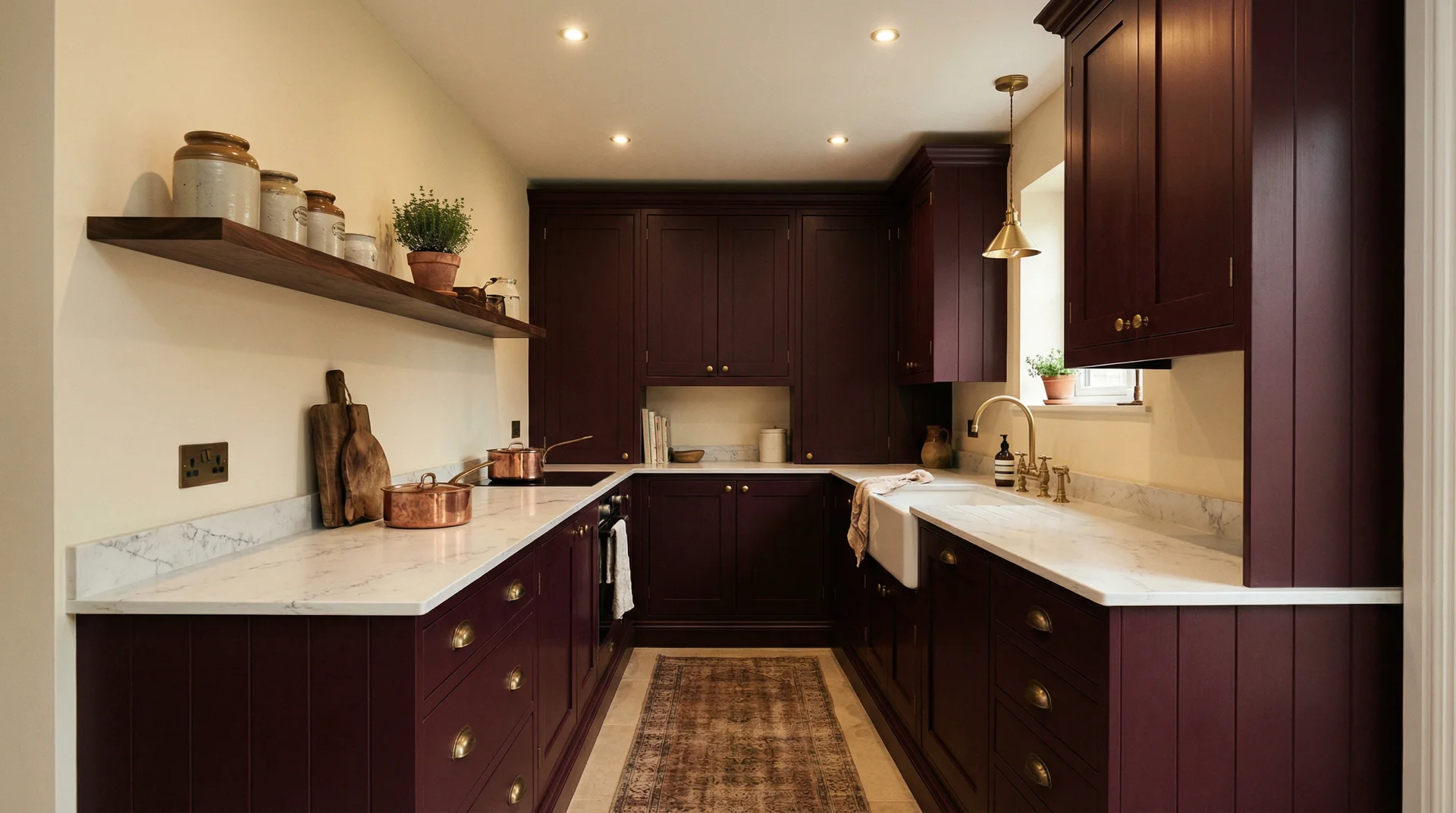 Deep burgundy Shaker kitchen with brass hardware, walnut shelving, and white marble countertops in warm ambient lighting