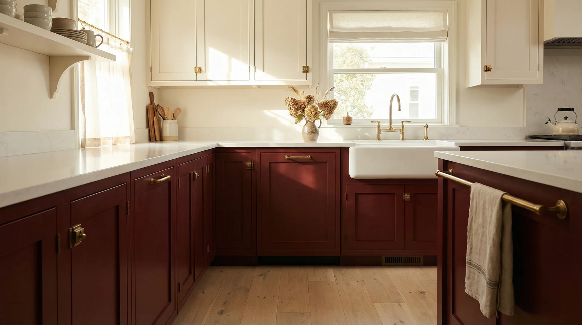 Deep burgundy Shaker kitchen with cream upper cabinets, brass hardware, and apron sink in warm natural light