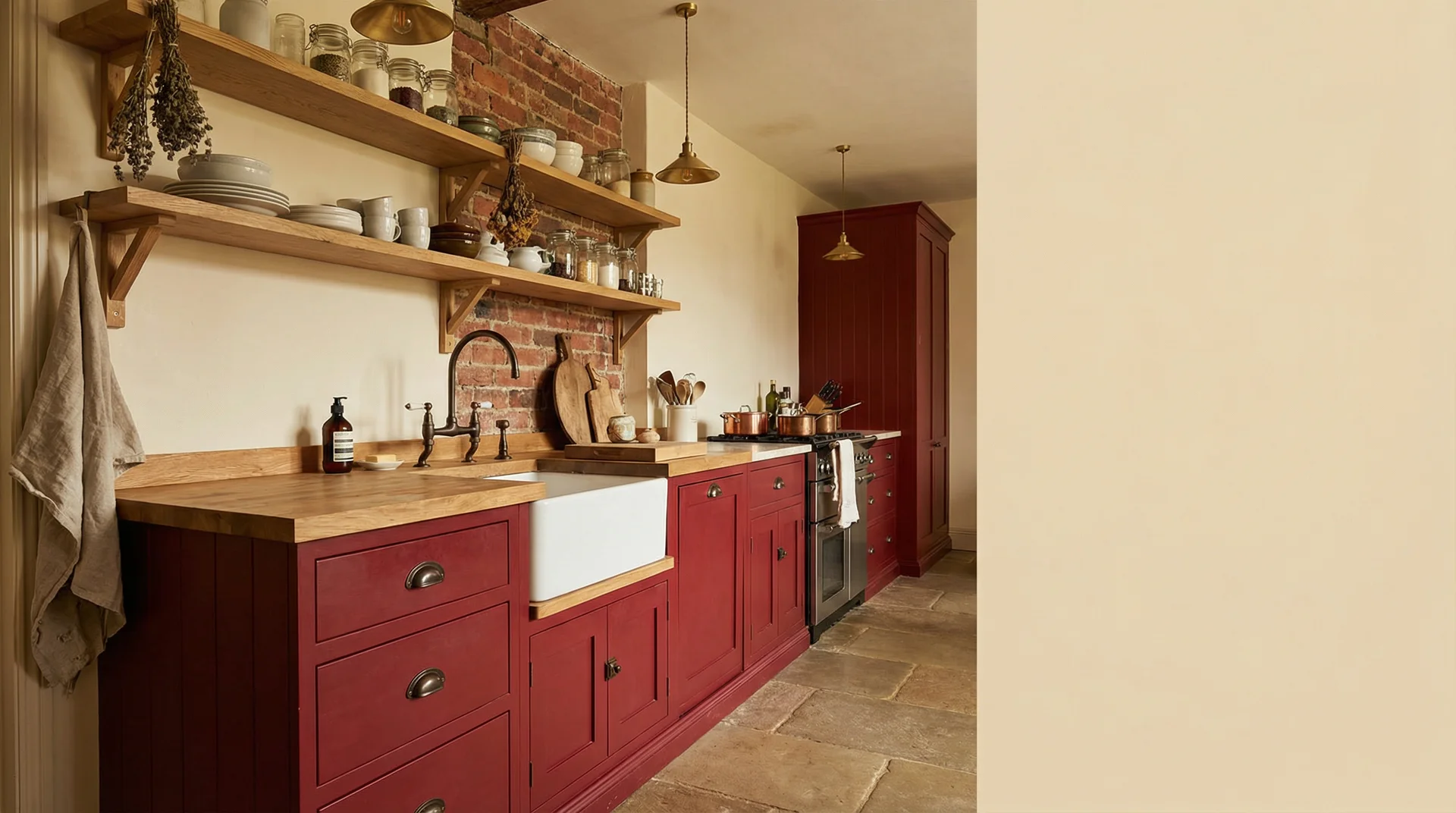 Deep crimson Shaker farmhouse kitchen with open oak shelving, apron sink, oil-rubbed bronze hardware, and warm ambient lighting