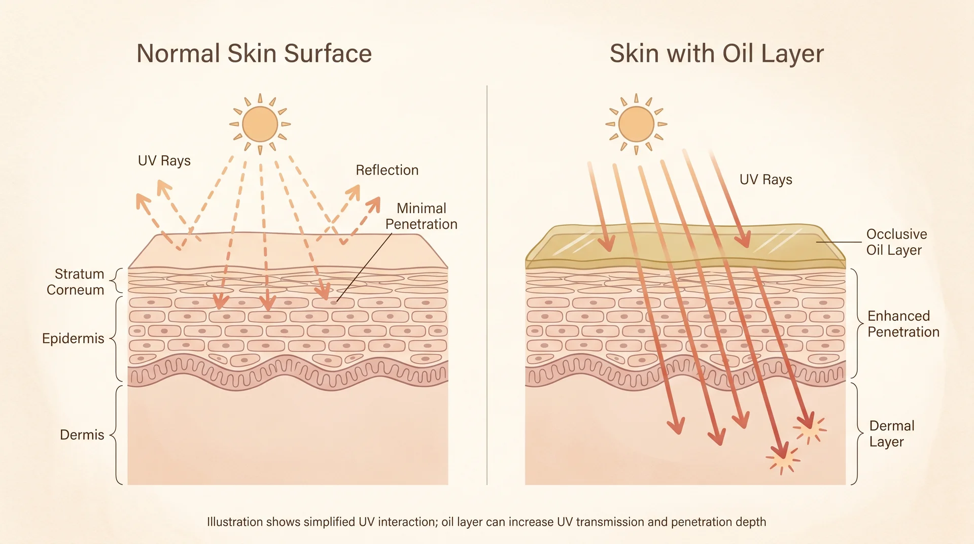 Diagram comparing UV ray penetration through normal skin versus oil-coated skin