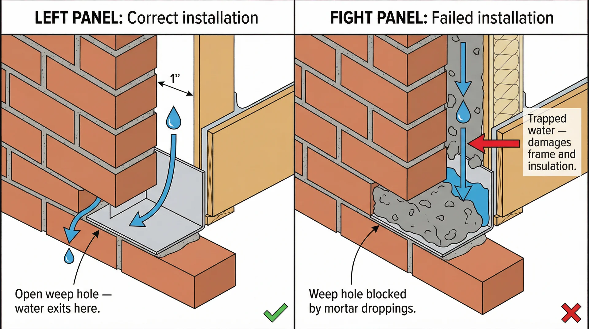 Diagram comparing correct weep hole drainage versus blocked weep holes causing trapped moisture behind brick veneer.