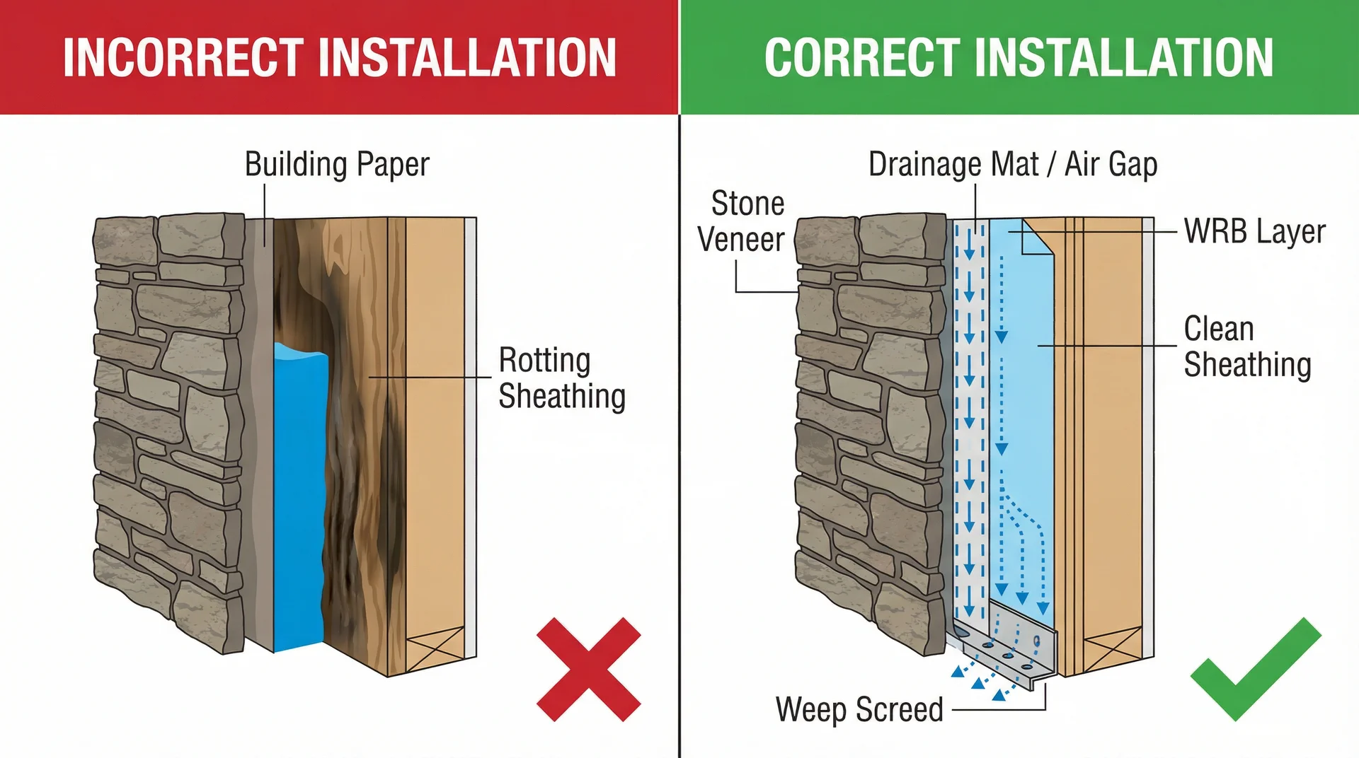 Diagram comparing incorrect stone veneer installation with water pooling versus correct installation with drainage mat and weep screed