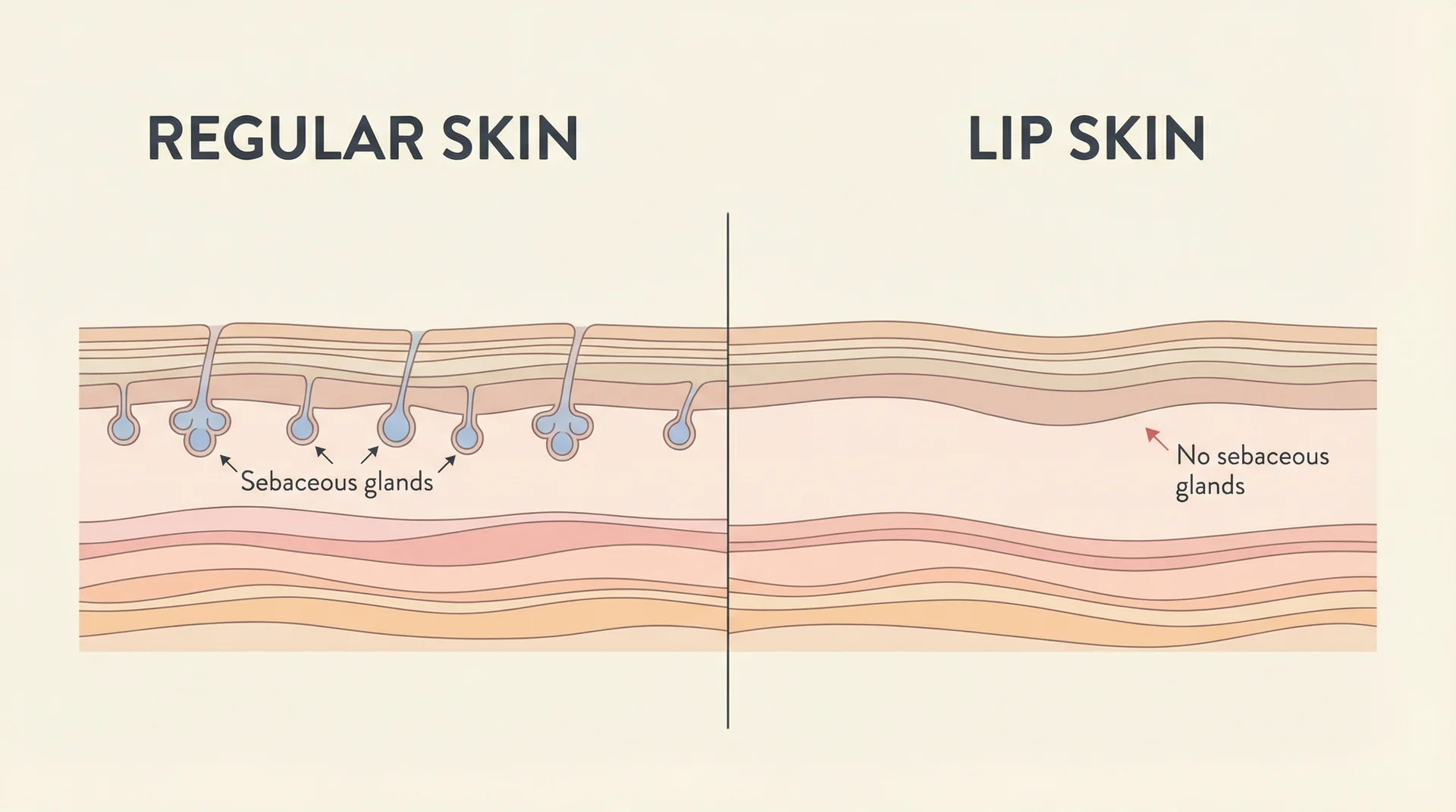 Diagram comparing regular skin with oil glands versus dry lip skin with no sebaceous glands 