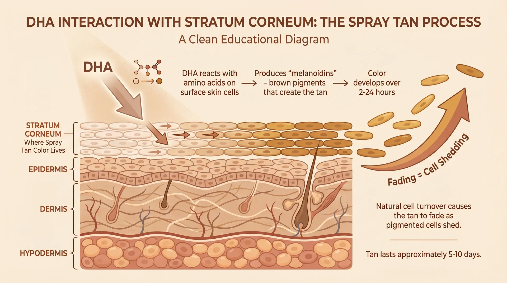 Diagram showing DHA reacting with stratum corneum cells to create spray tan color that fades as skin cells shed