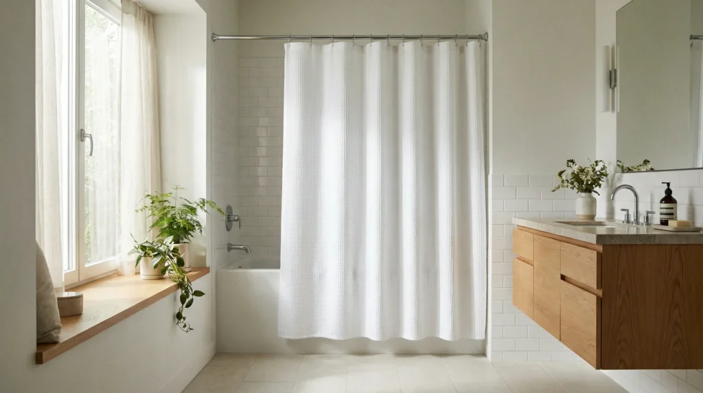 Diagram showing a 72-inch curtain covering a 60-inch tub with 6-inch overlaps on each side