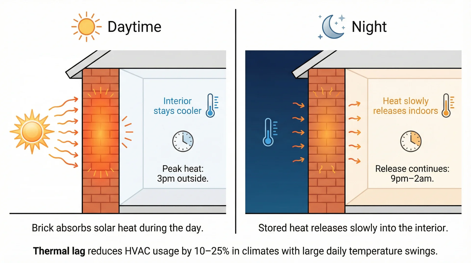 Diagram showing brick thermal mass cycle — absorbing solar heat by day and slowly releasing it into the home at night
