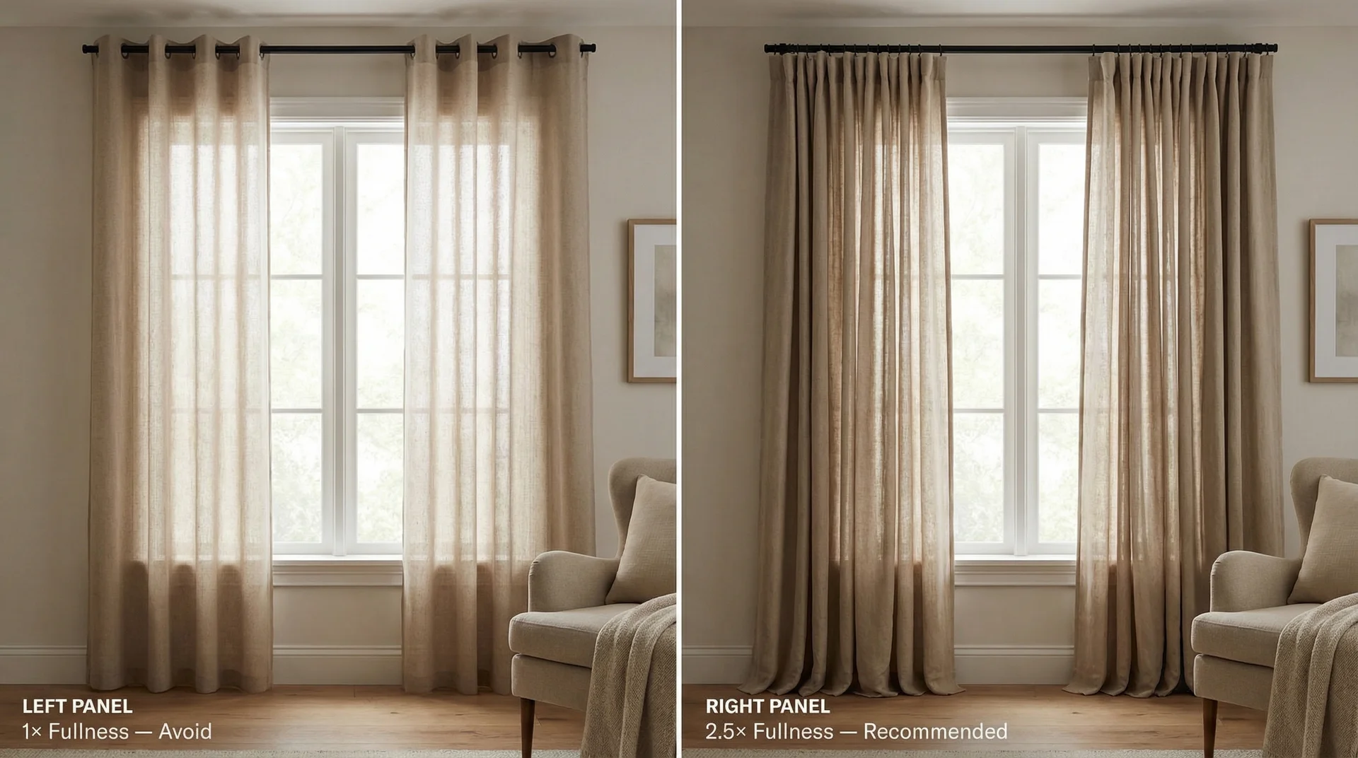 Diagram showing correct grommet curtain rod placement: ceiling height, extended width, and floor-length hem
