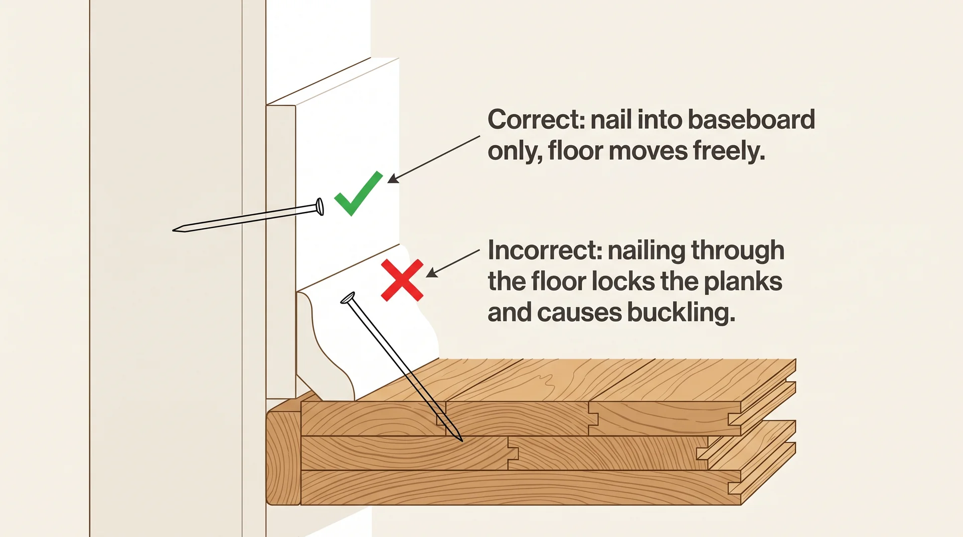 Diagram showing correct nail into baseboard vs incorrect nail through flooring for shoe molding and quarter round
