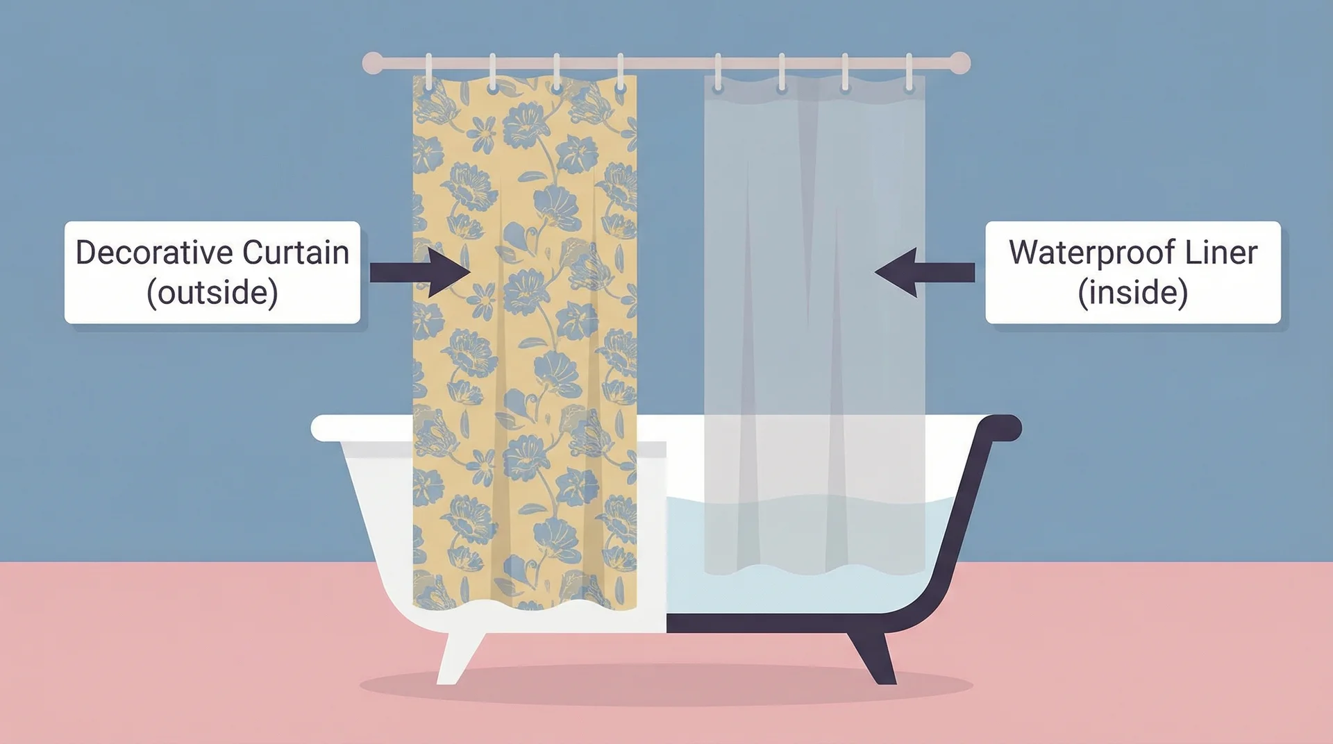 Diagram showing decorative shower curtain hanging outside the tub and waterproof liner hanging inside 