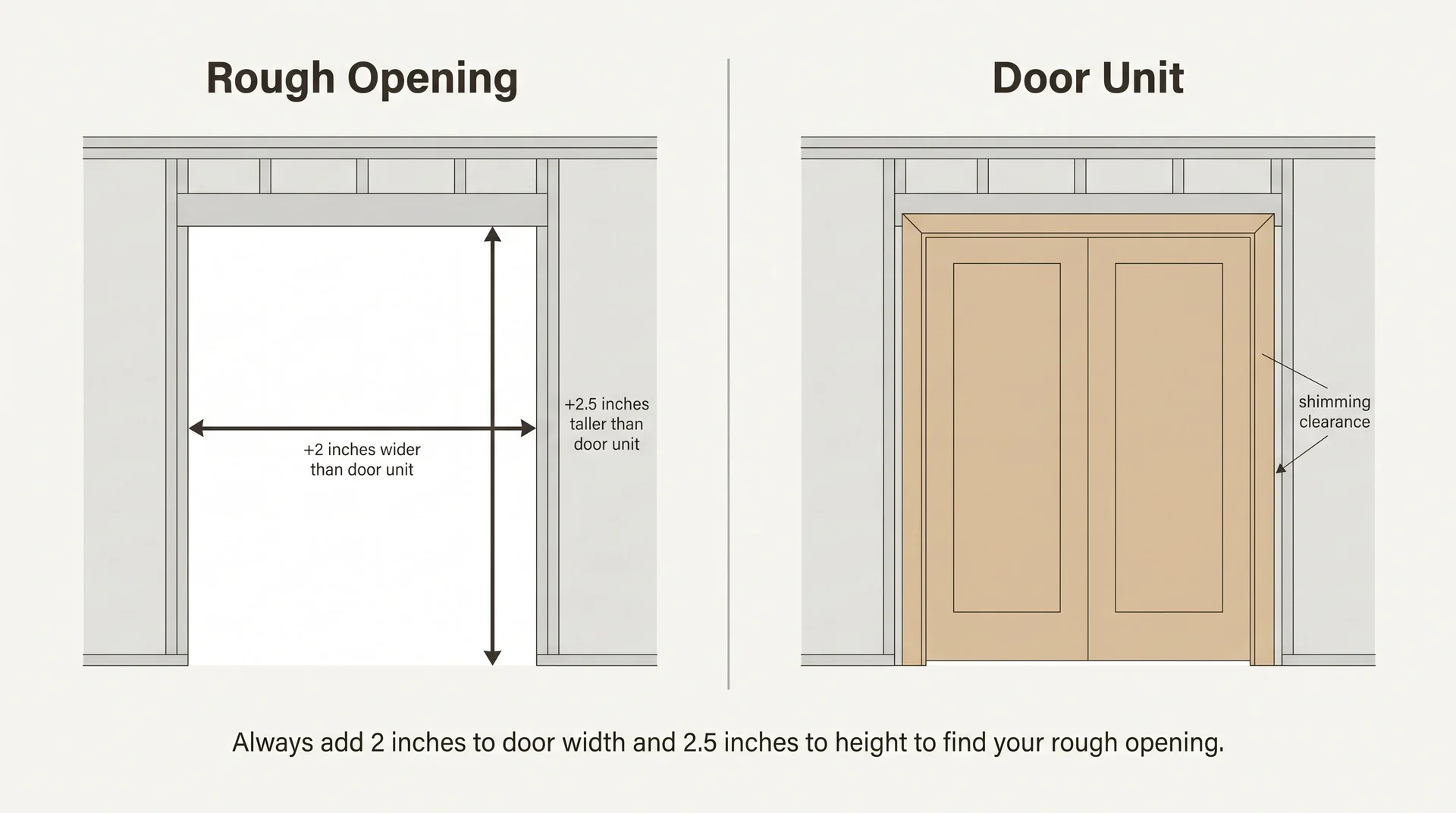 Diagram showing rough opening versus installed door unit with labeled 2-inch width and 2.5-inch height clearance gaps