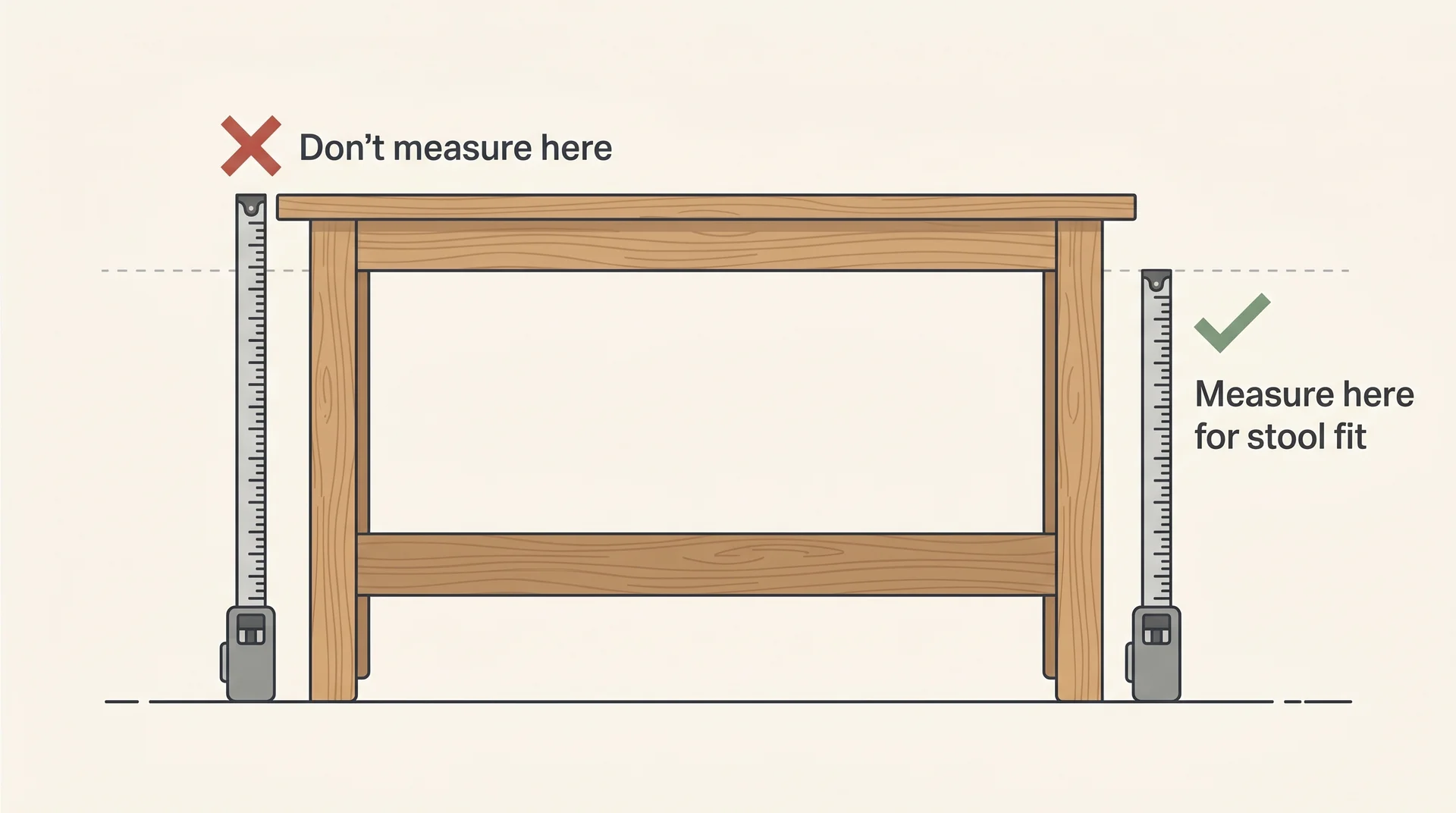 Diagram showing the correct underside measurement versus incorrect top-surface measurement for counter height stool fitting