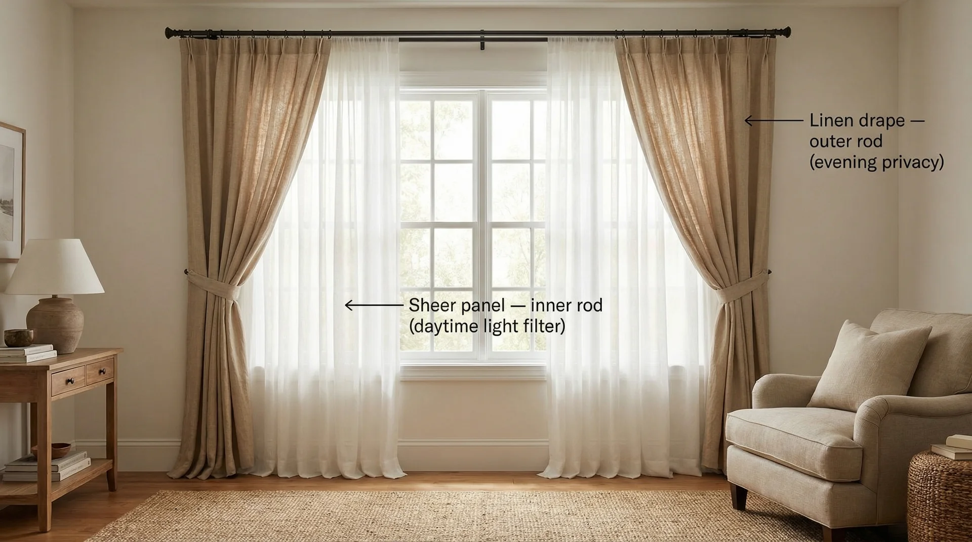 Double curtain rod layering system with sheer inner panel and linen privacy drape labeled