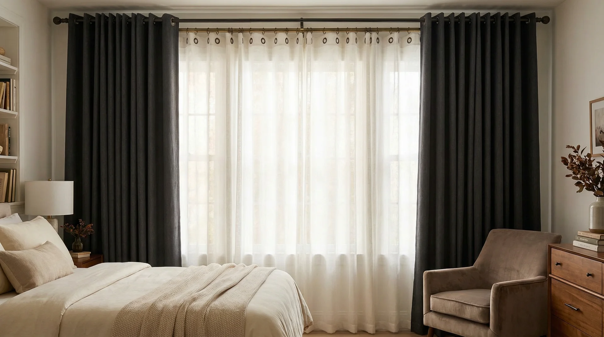 Double rod curtain layering in bedroom with white sheer inner panel and charcoal blackout grommet outer panel 