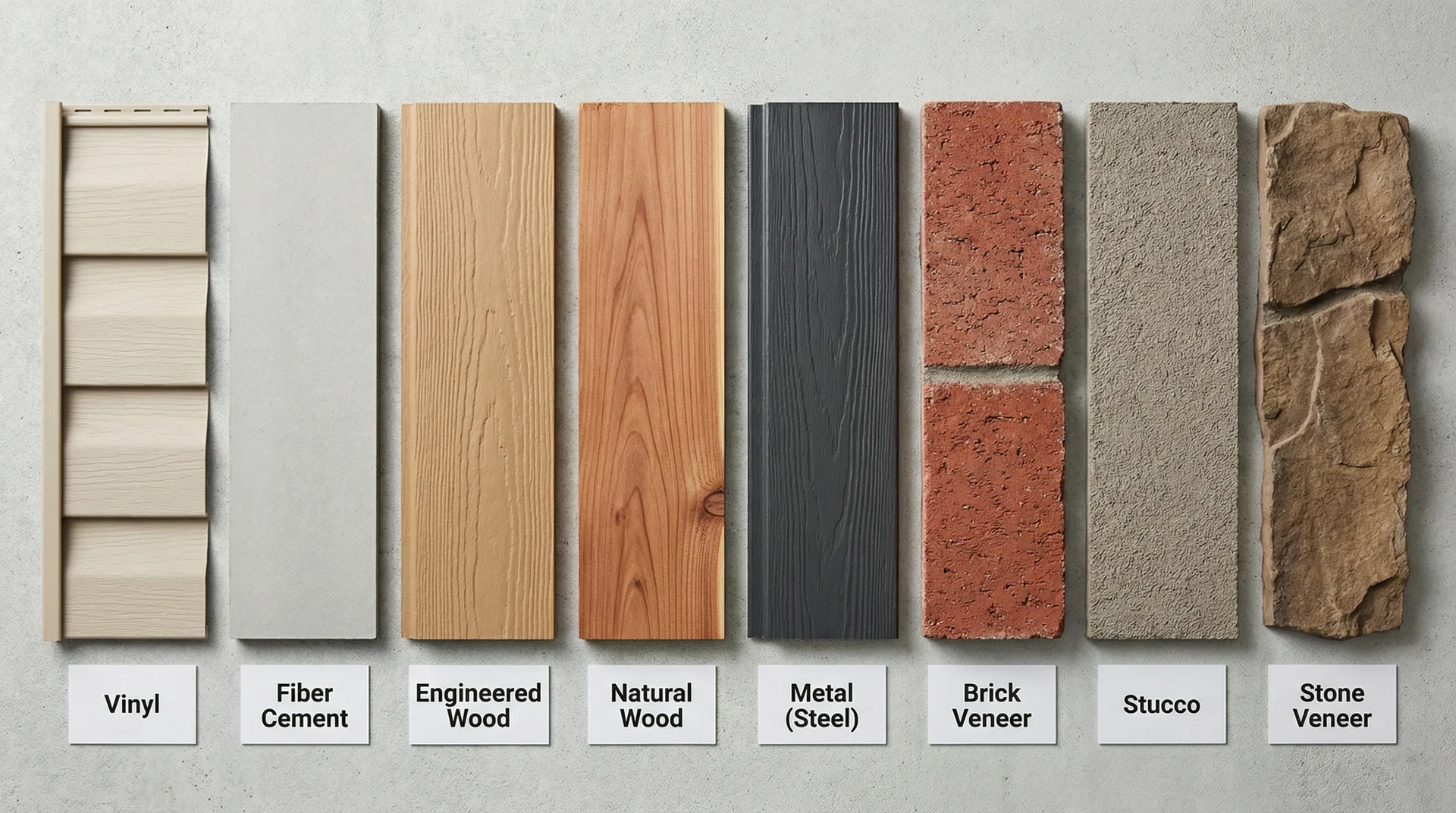 Eight exterior siding material samples labeled side by side including vinyl, fiber cement, wood, brick, stucco, and stone veneer