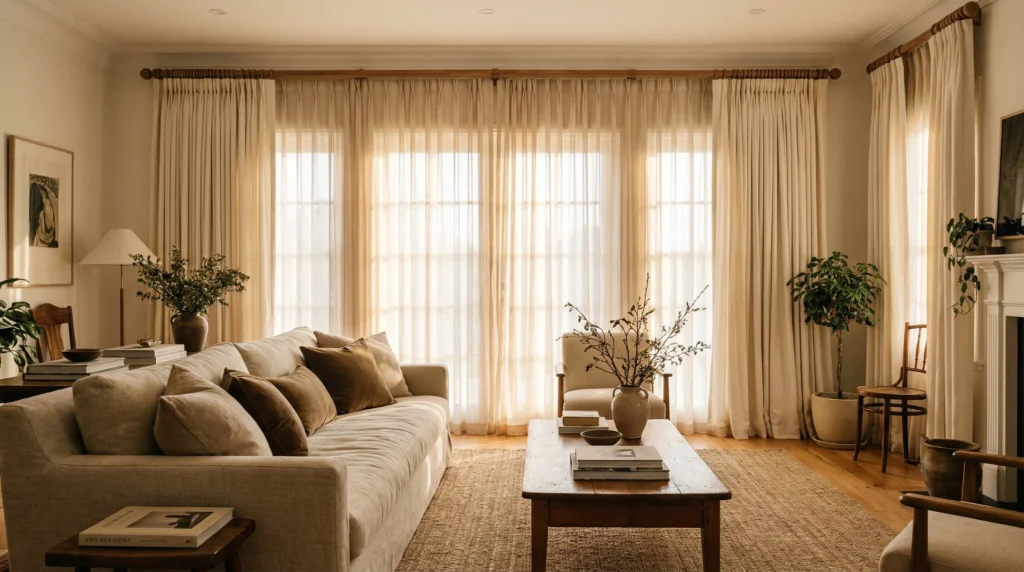Elegant living room with layered floor-to-ceiling linen curtains in warm natural light