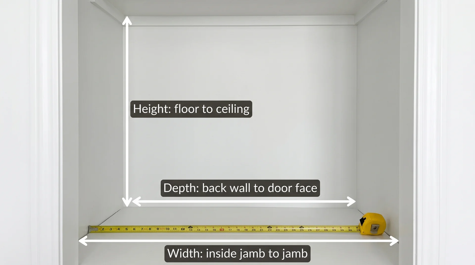 Empty reach-in closet interior showing labeled measuring lines for width, depth, and height with measuring tape visible.