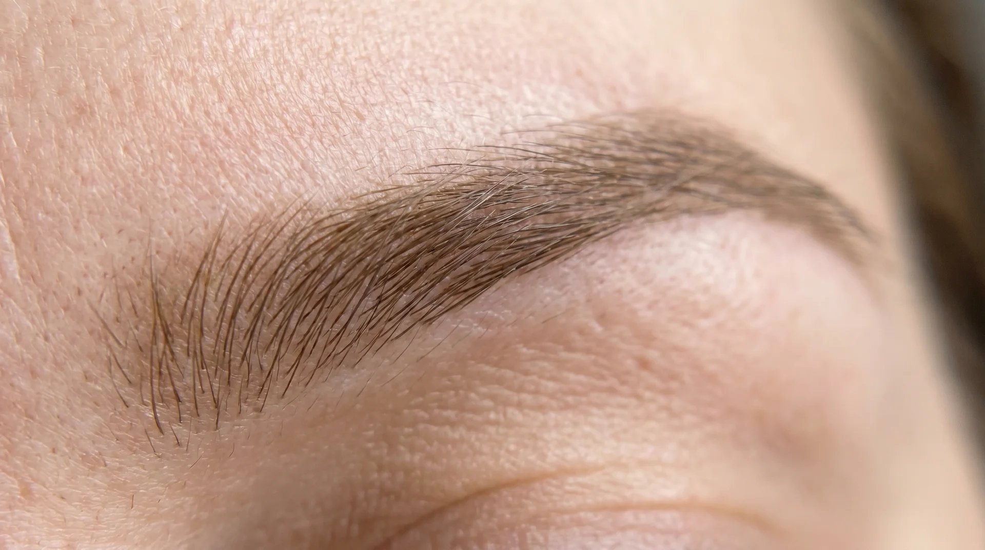 Extreme close-up of nano brow hair strokes on skin showing ultra-fine individual lines mimicking natural brow hairs