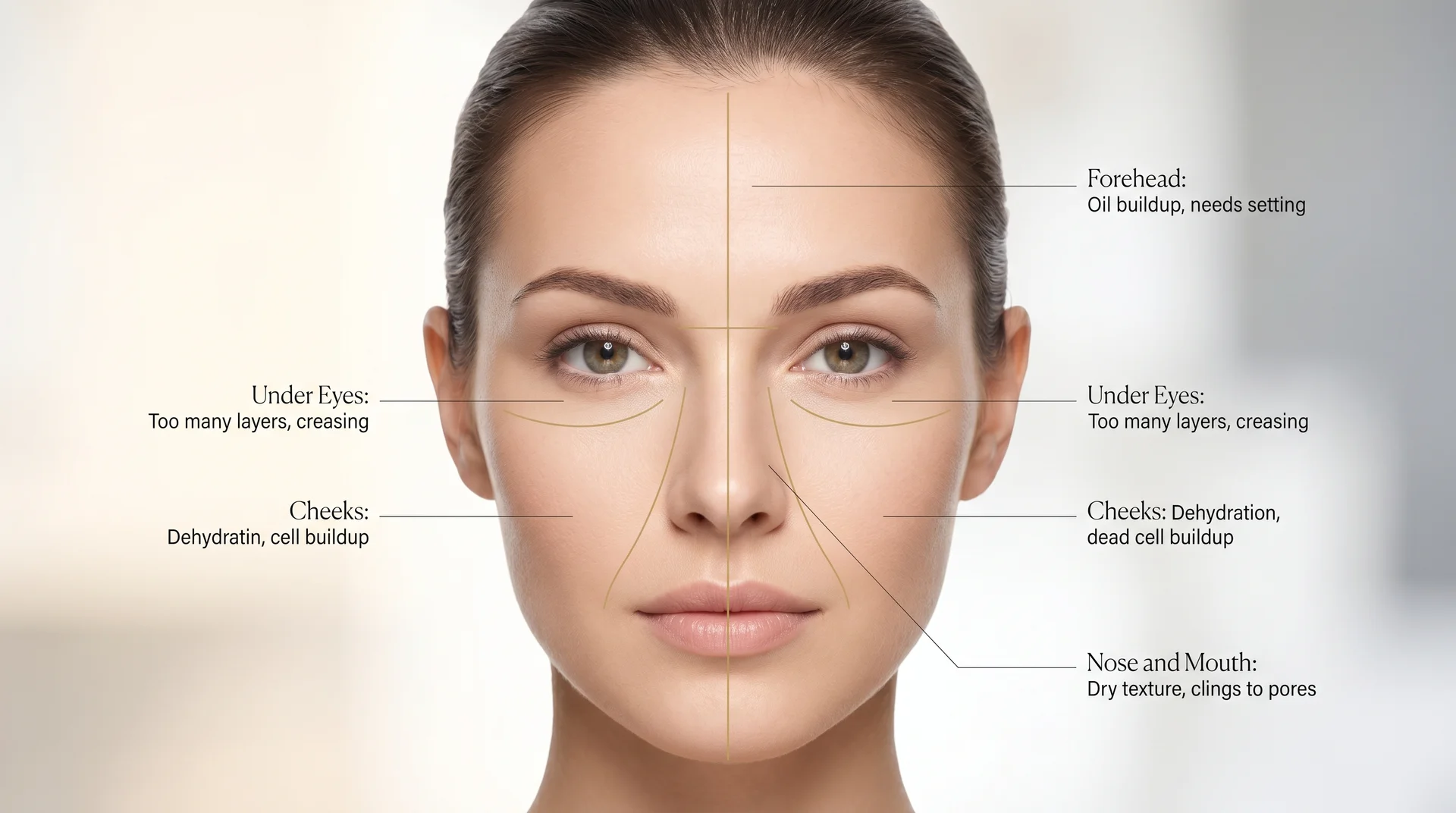 Face diagram with four labeled zones showing foundation patchiness causes: nose, cheeks, under-eye, and forehead
