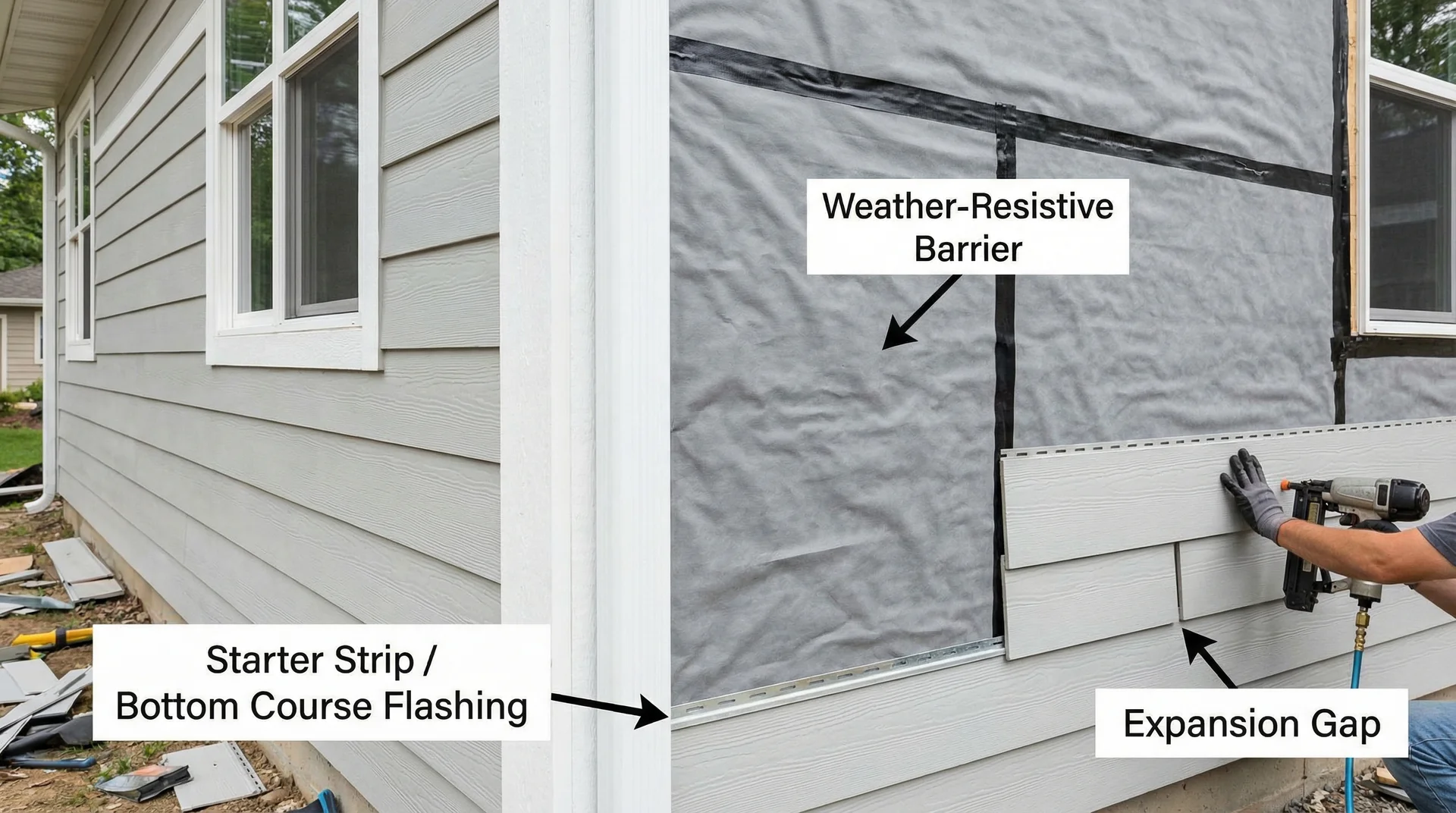 Fiber cement siding installation in progress showing house wrap, starter strip, and expansion gaps with labeled annotations
