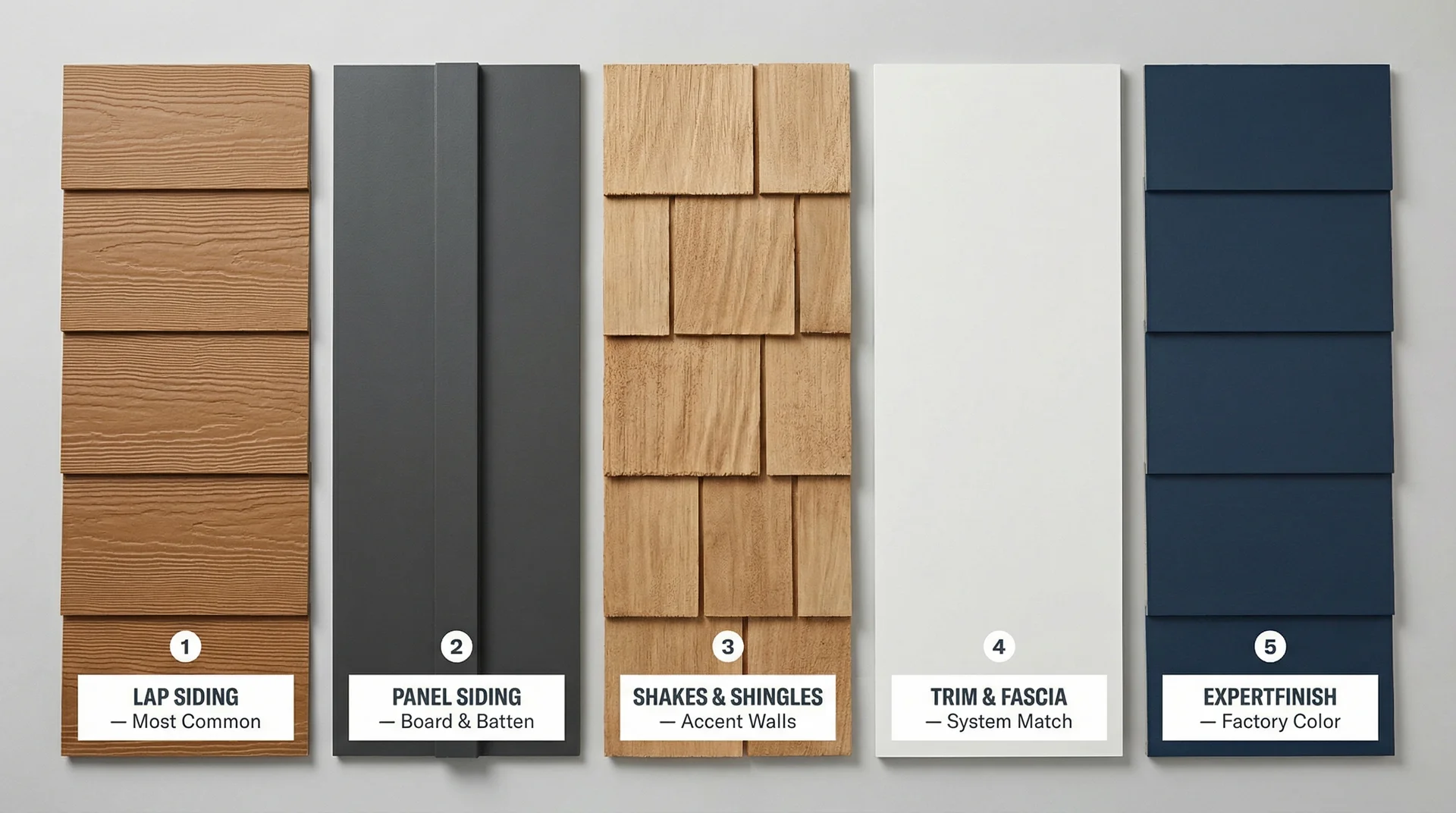 Five LP SmartSide product profiles side by side: lap, panel, shakes, trim, and ExpertFinish factory color