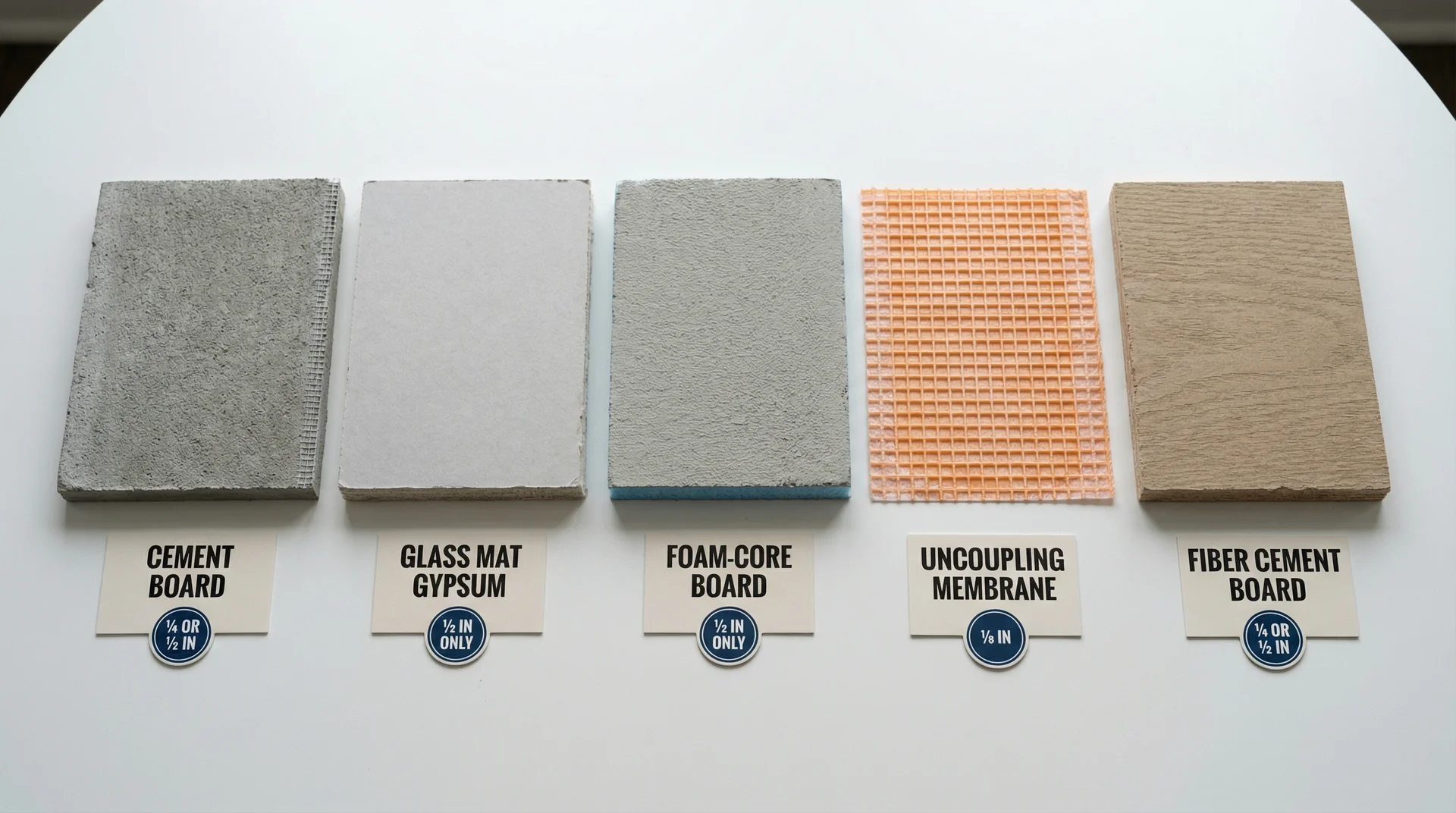 Five backer board material samples side by side including cement board, glass mat gypsum, foam core, membrane, and fiber cement
