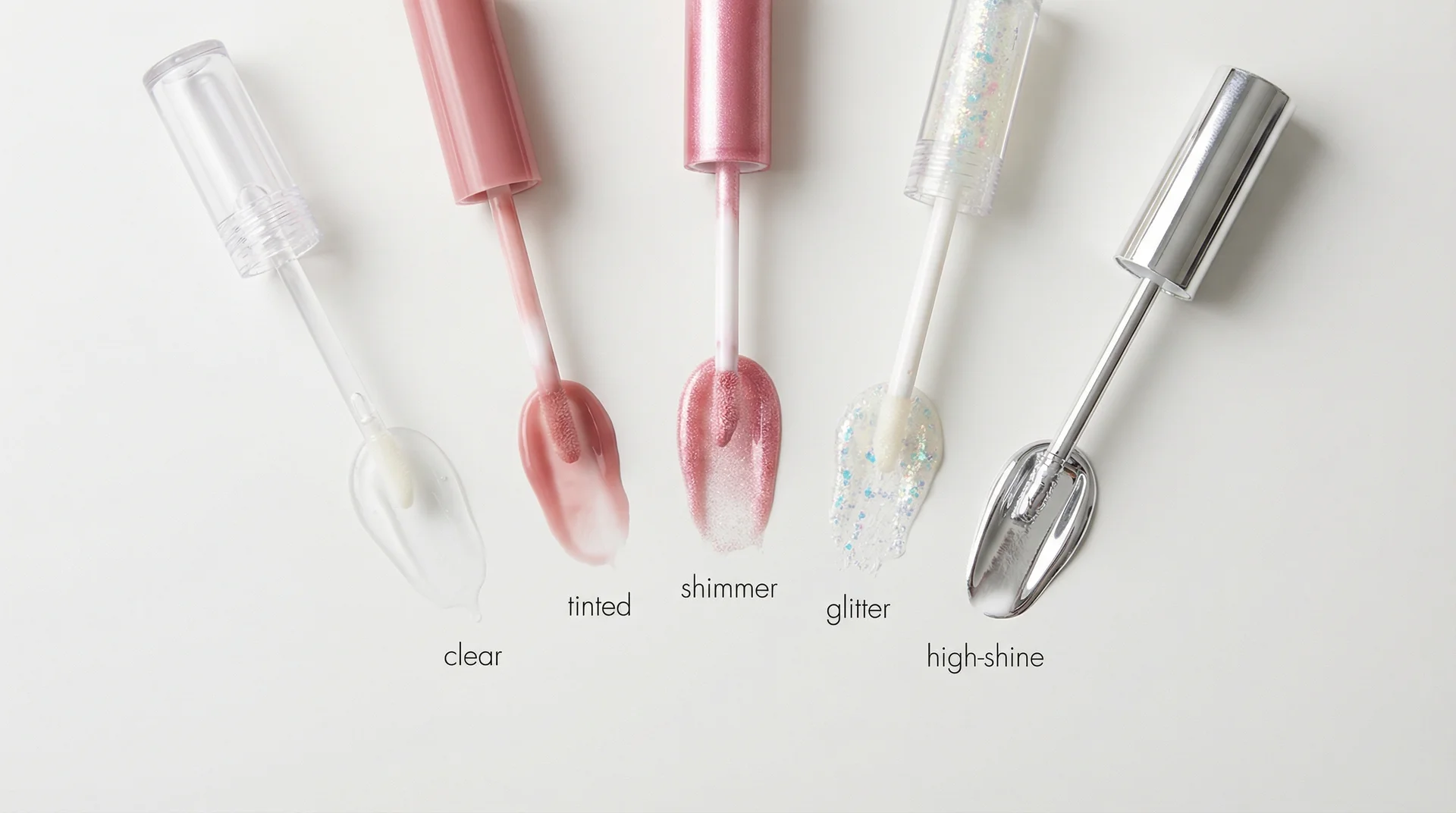 Five lip gloss finish swatches from left to right showing clear, tinted, shimmer, glitter, and high-shine with labels