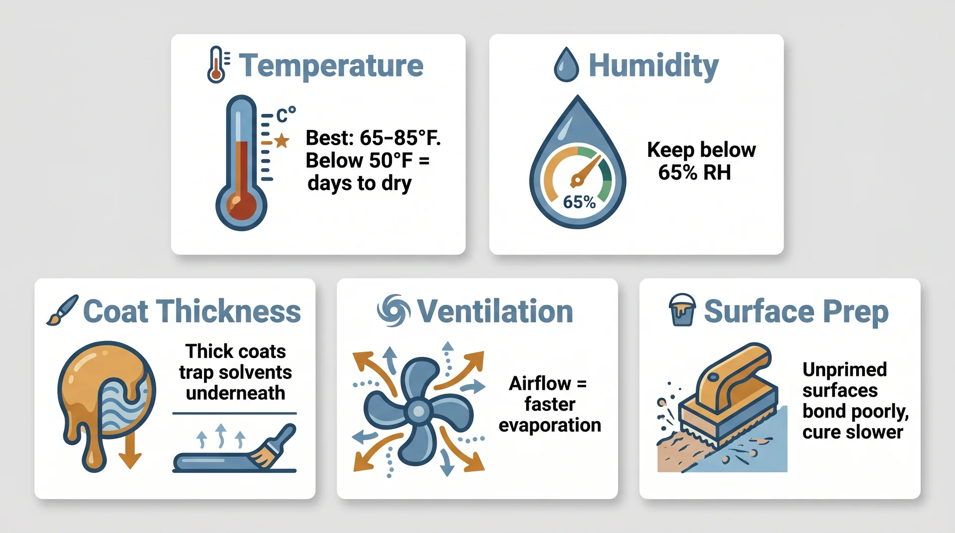 Five-panel icon grid showing spray paint drying factors: temperature, humidity, coat thickness, ventilation, and surface prep