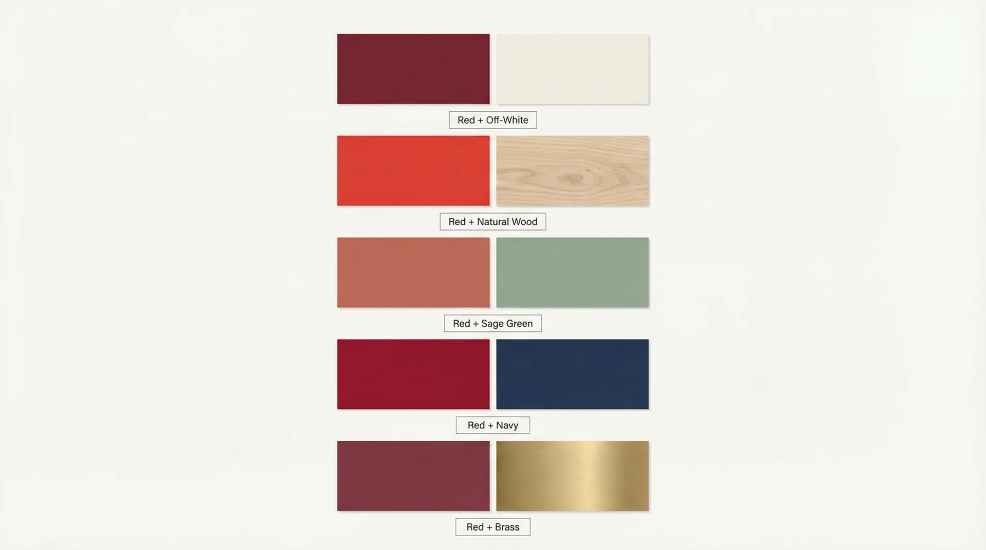 Five red kitchen colour pairing swatches showing red with off-white, natural wood, sage green, navy, and brass