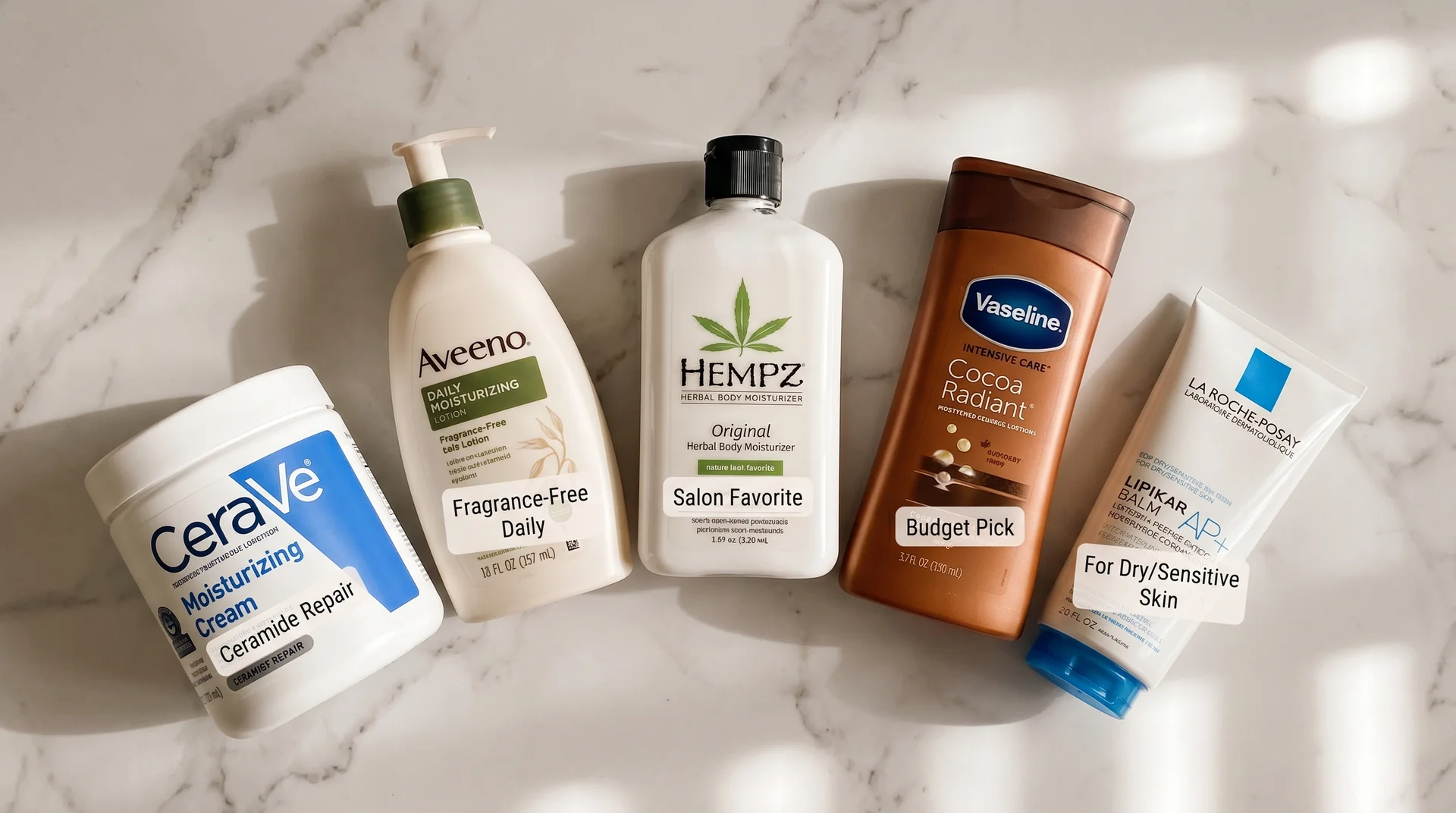 Five spray tan safe lotions on marble surface including CeraVe, Aveeno, Hempz, Vaseline, and La Roche-Posay