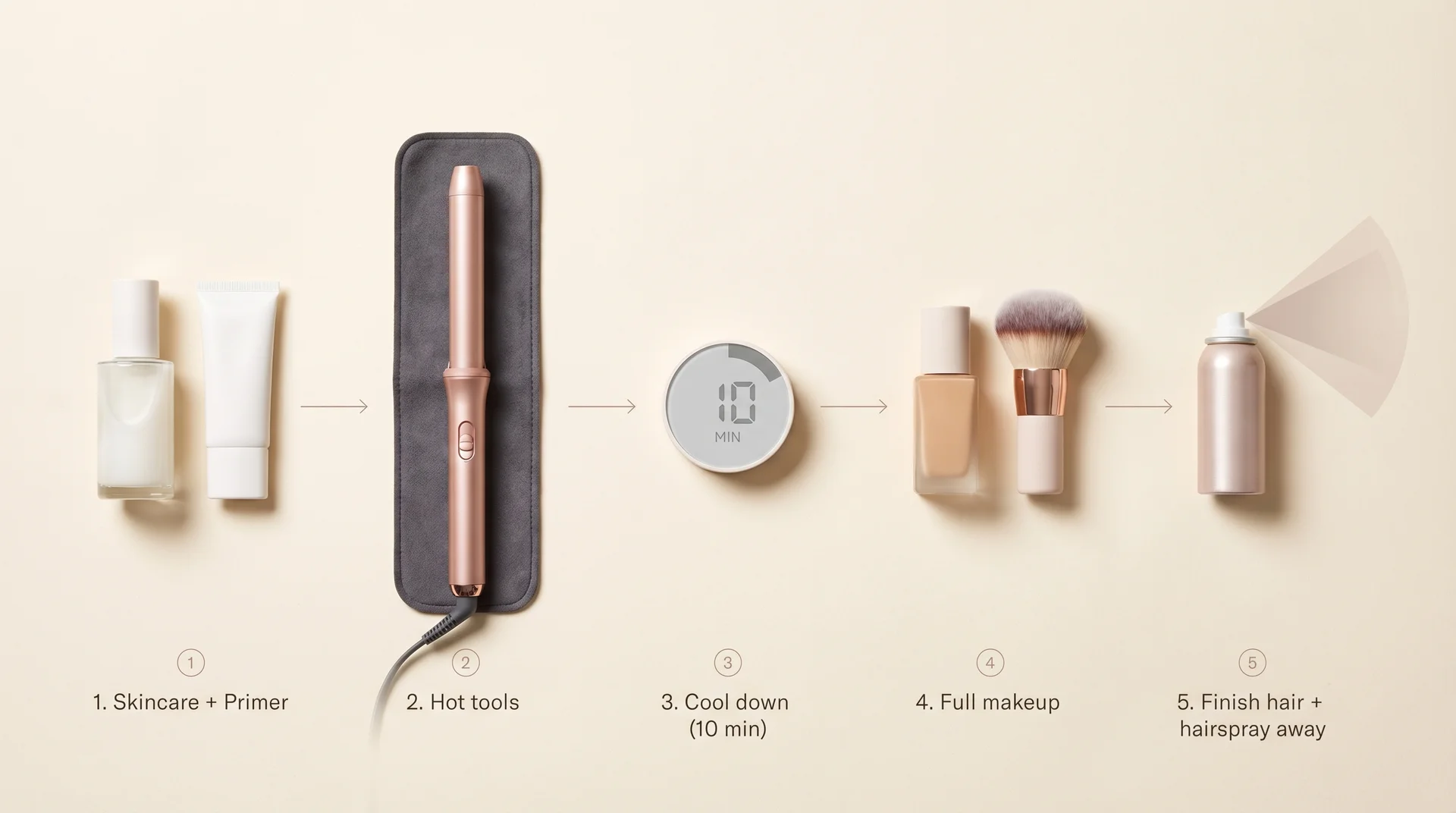 Five-step flat-lay showing the correct daily hair and makeup order from skincare to hairspray