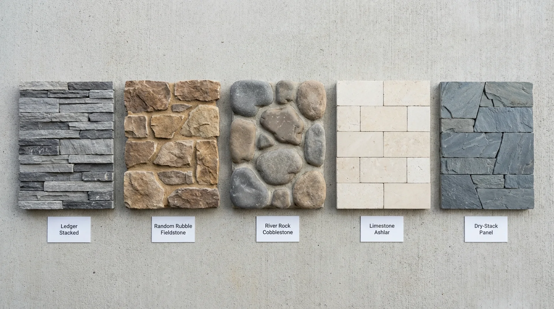 Five stone veneer swatch samples showing ledger, fieldstone, river rock, ashlar limestone, and dry-stack panel styles