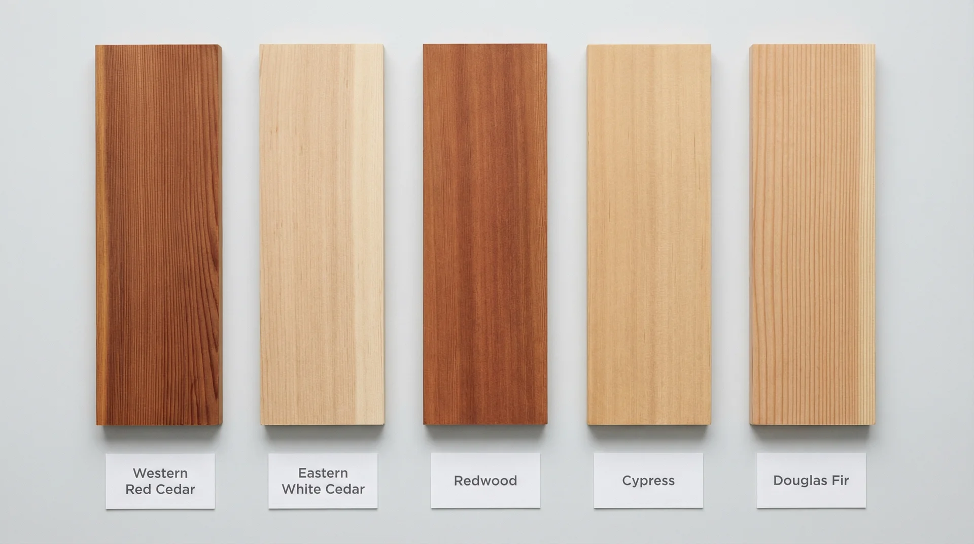 Five wood siding species samples side by side showing natural color: cedar, redwood, cypress, fir compared