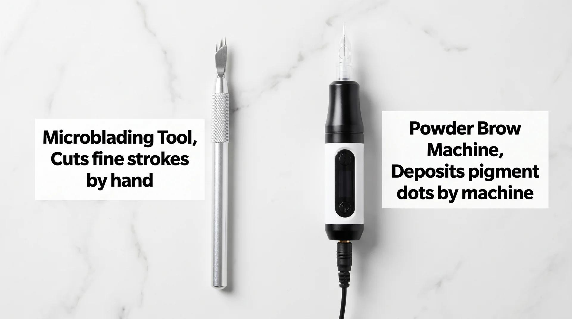 Flat-lay comparing microblading hand tool with blade tip versus powder brow machine with needle cartridge, both labeled
