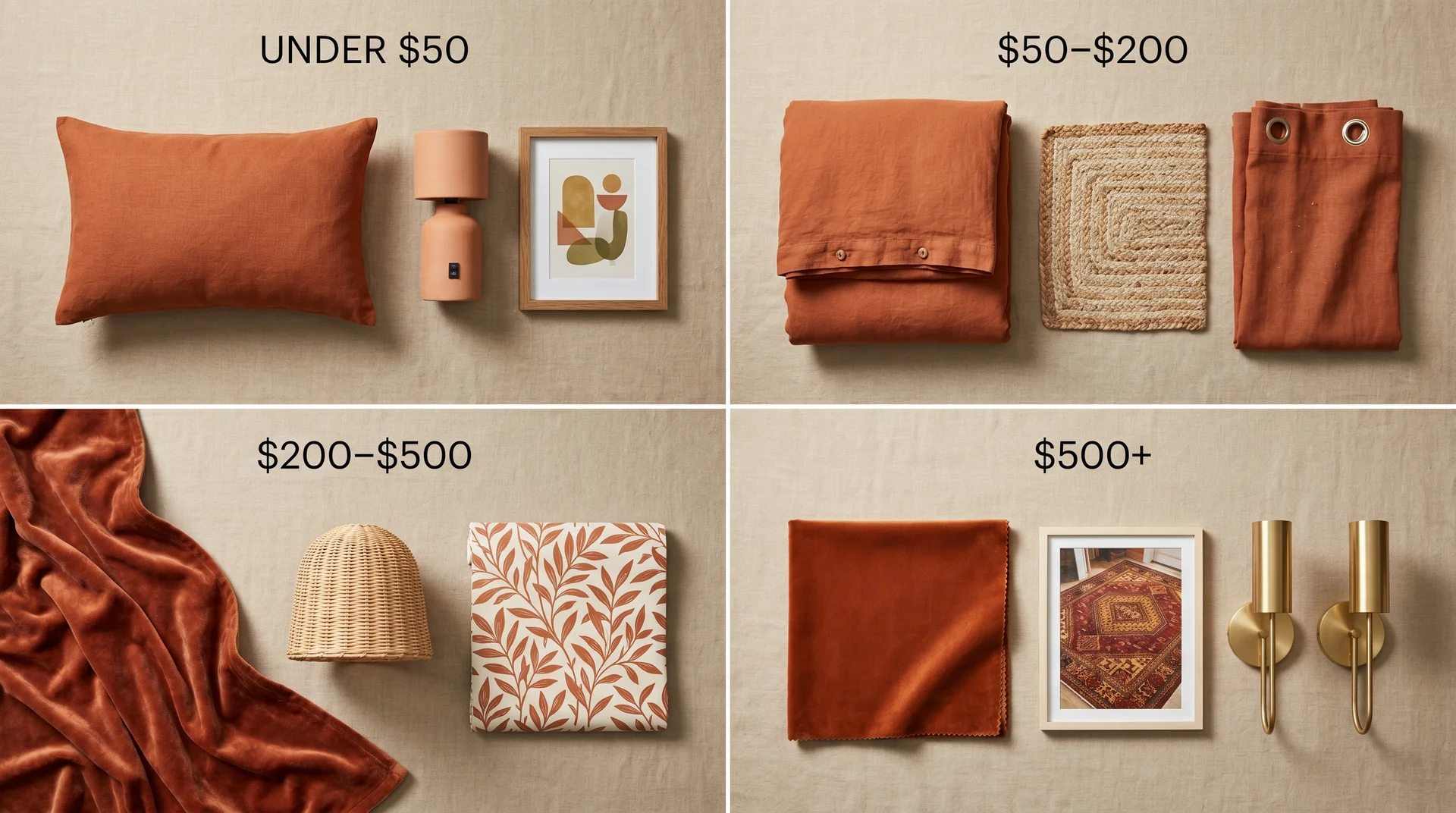 Flat lay of burnt orange bedroom items organised by budget tier from under $50 to $500 and above
