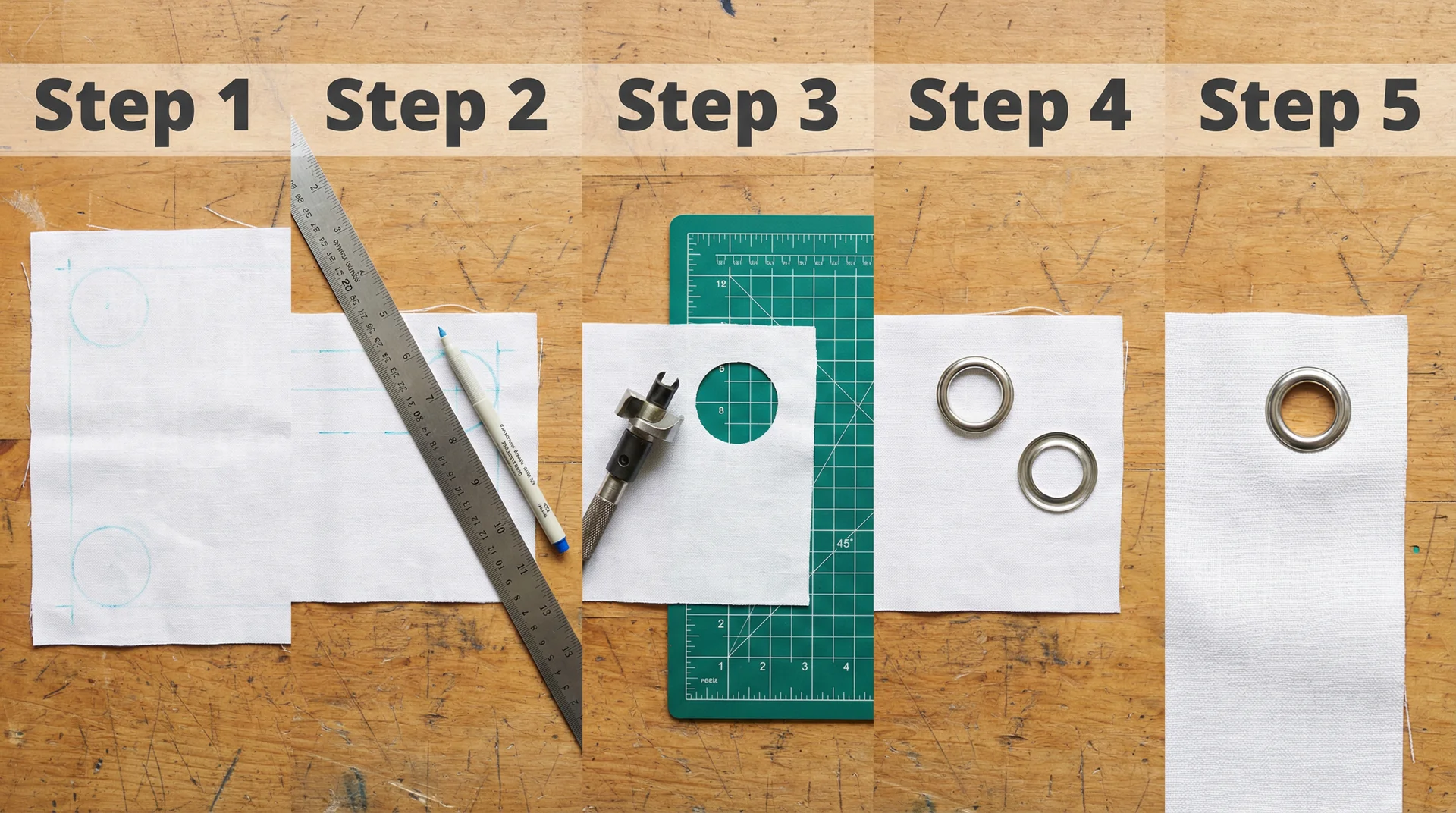 Flat-lay of five DIY grommet curtain installation steps from marking fabric to finished installed ring 