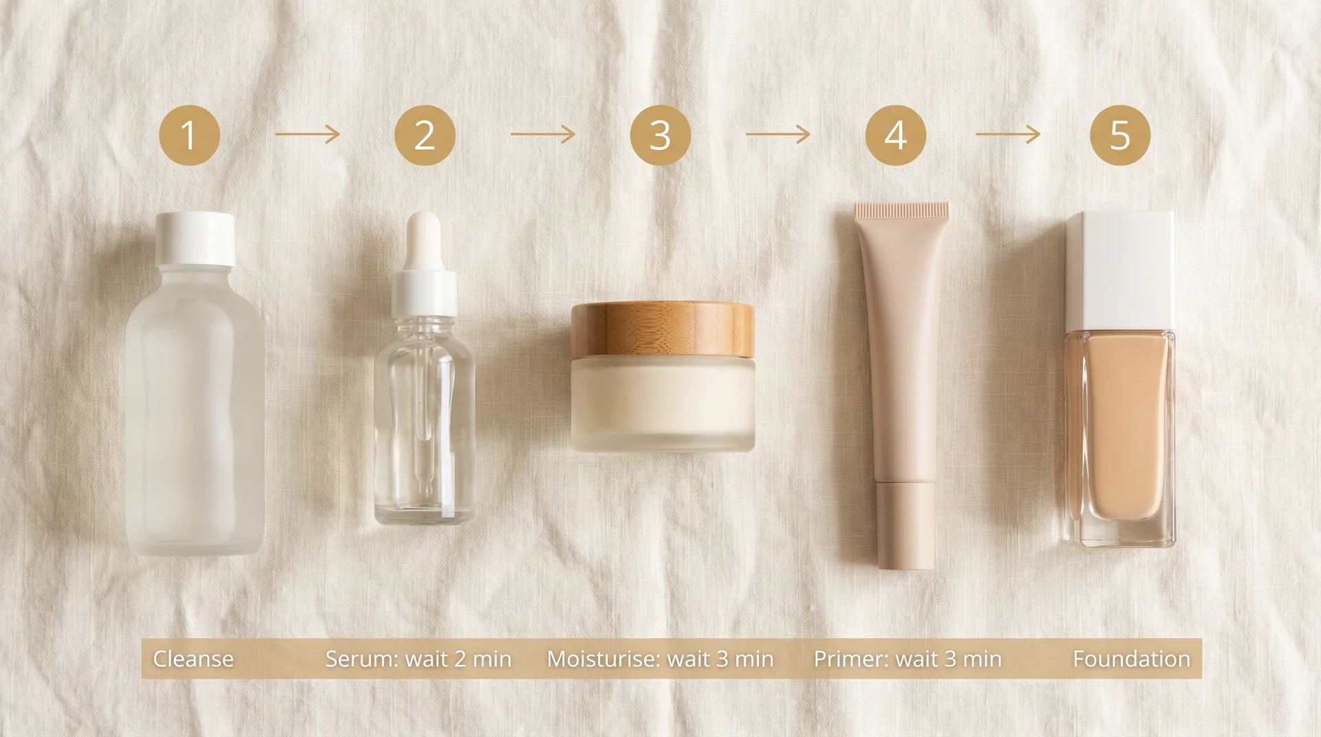 Flat lay of five beauty products in order from cleanser to foundation with labeled wait times between each prep step