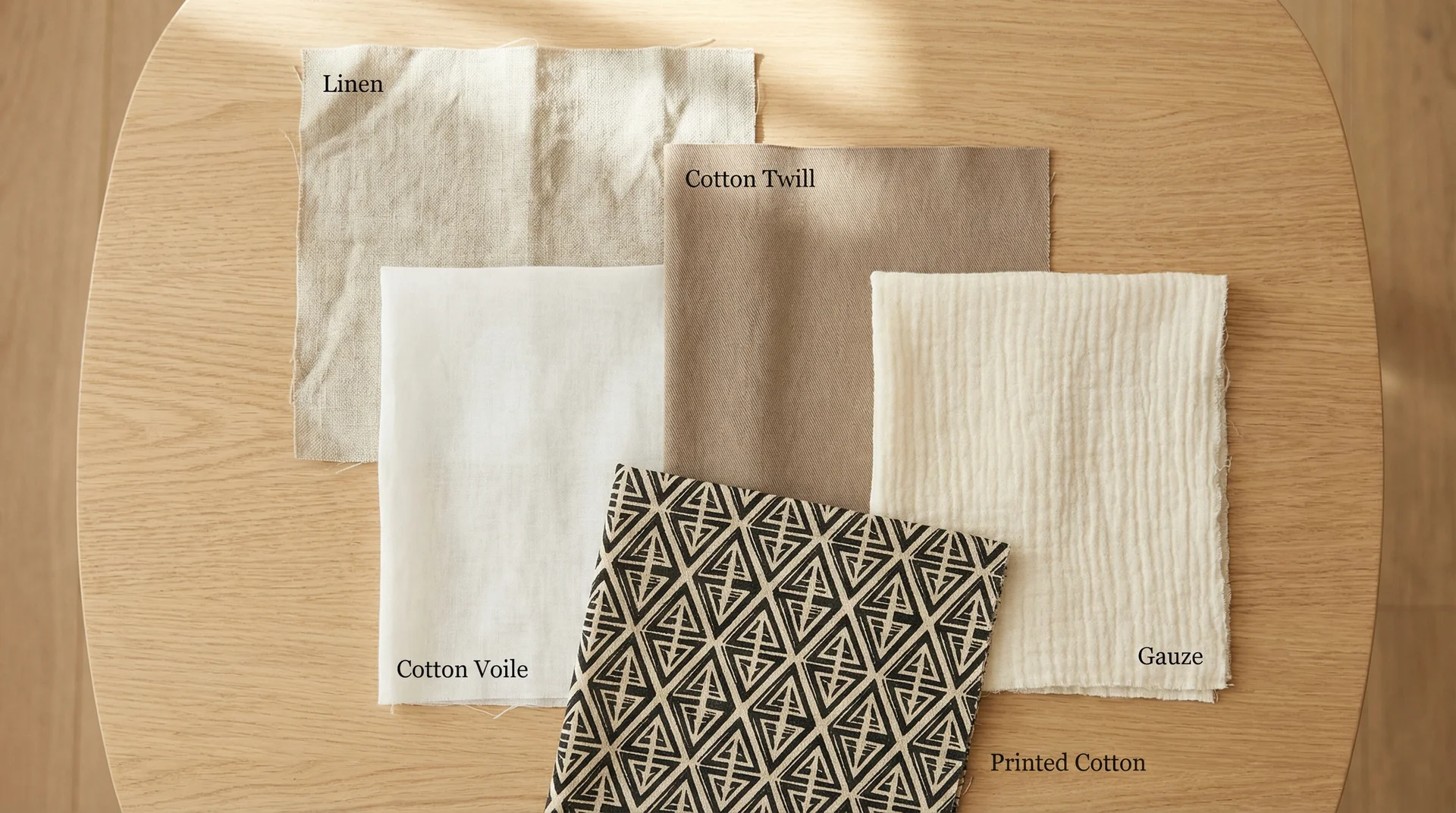 Flat lay of five labeled valance fabric swatches including linen, voile, twill, gauze, and printed cotton