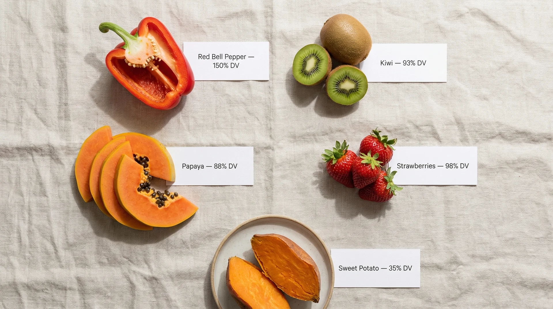 Flat-lay of five non-acidic vitamin C-rich foods: red bell pepper, kiwi, papaya, strawberries, and sweet potato
