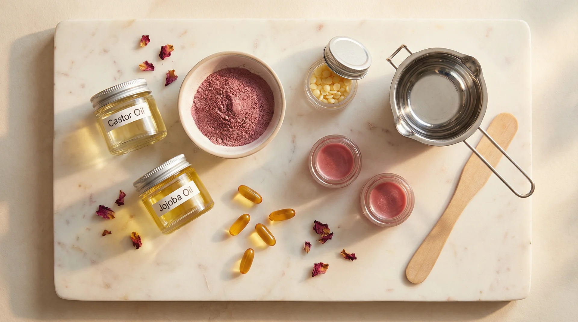 Flat lay of homemade lip gloss ingredients including castor oil, beeswax pellets, mica powder, and lip pots on marble