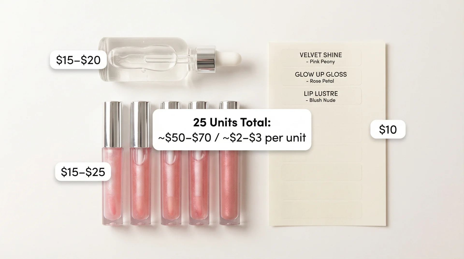 Flat lay of lip gloss batch supplies with annotated cost labels showing $50 to $70 total for 25 units at $2 to $3 per unit