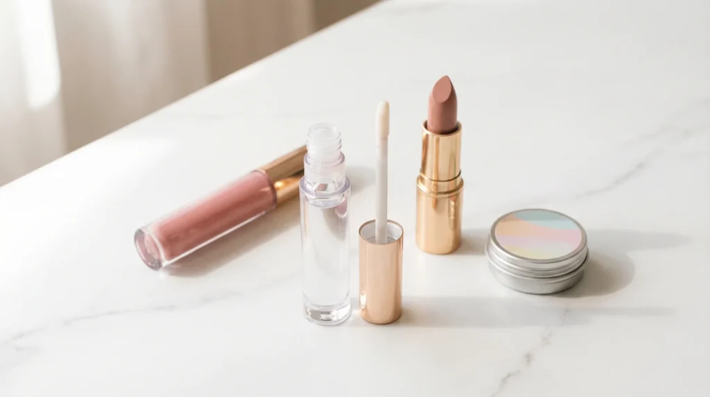 Flat lay of lip gloss, lipstick, lip balm, and lip oil on white marble showing different lip product types